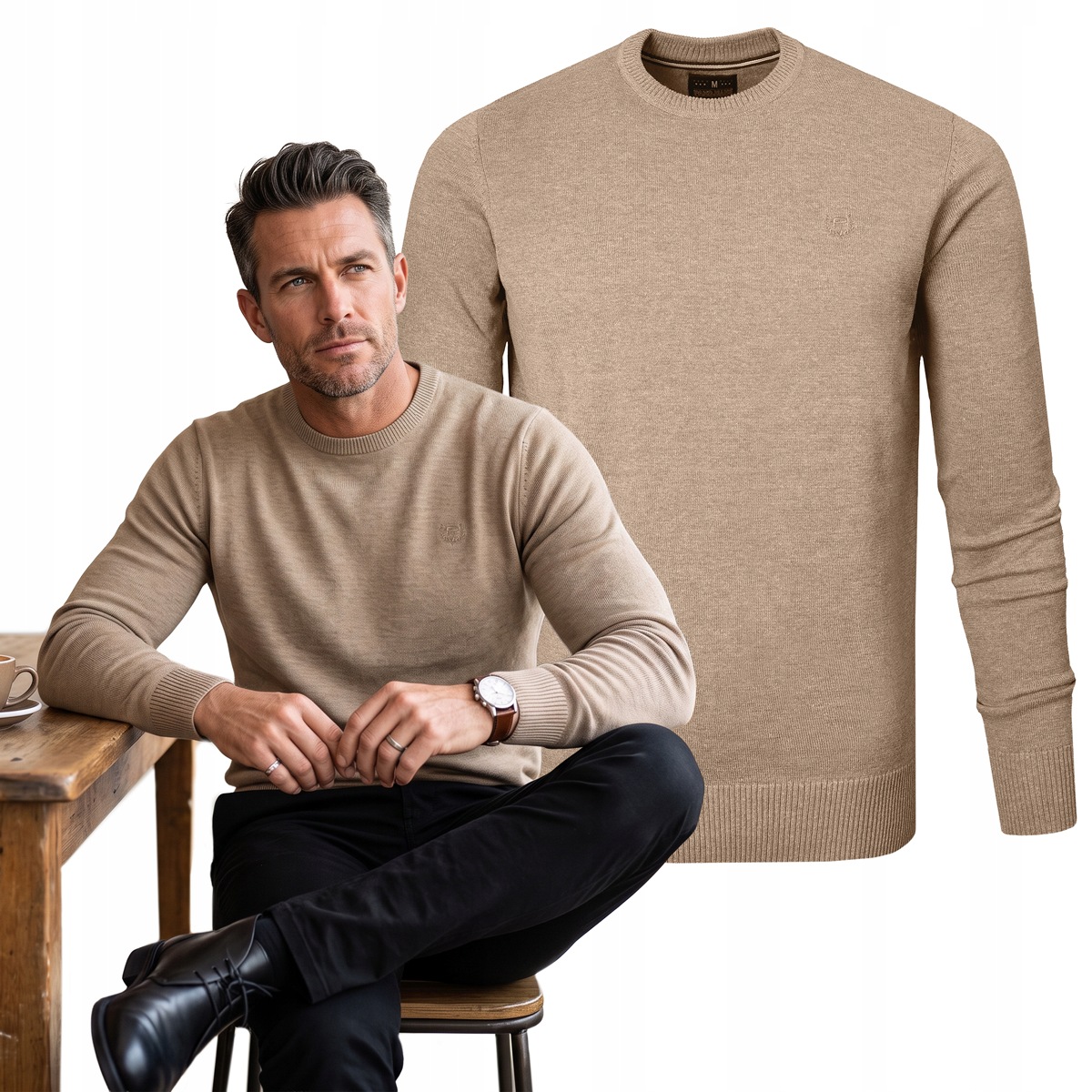 Pánský svetr Klasický Jednobarevný Hladký Basic Béžový 2XL Pako Jeans