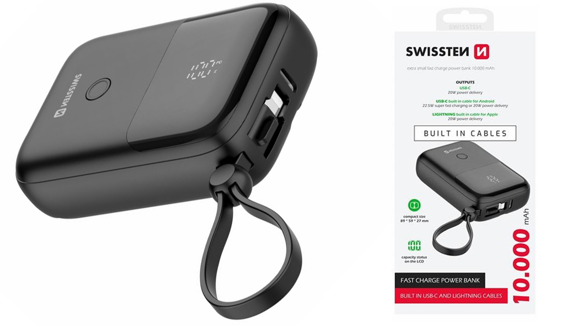 Powerbank SWISSTEN 10000 mAh zintegrowane 2 kabele USB-C LIGHTENING Typ akumulatora litowo-polimerowy