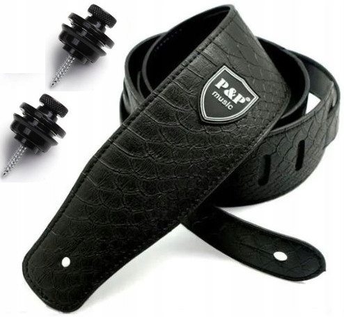 BŐR GITÁR HEVEDER + 2 x STRAP LOCK RÖGZÍTŐ / GITÁR HEVEDER FEKETE