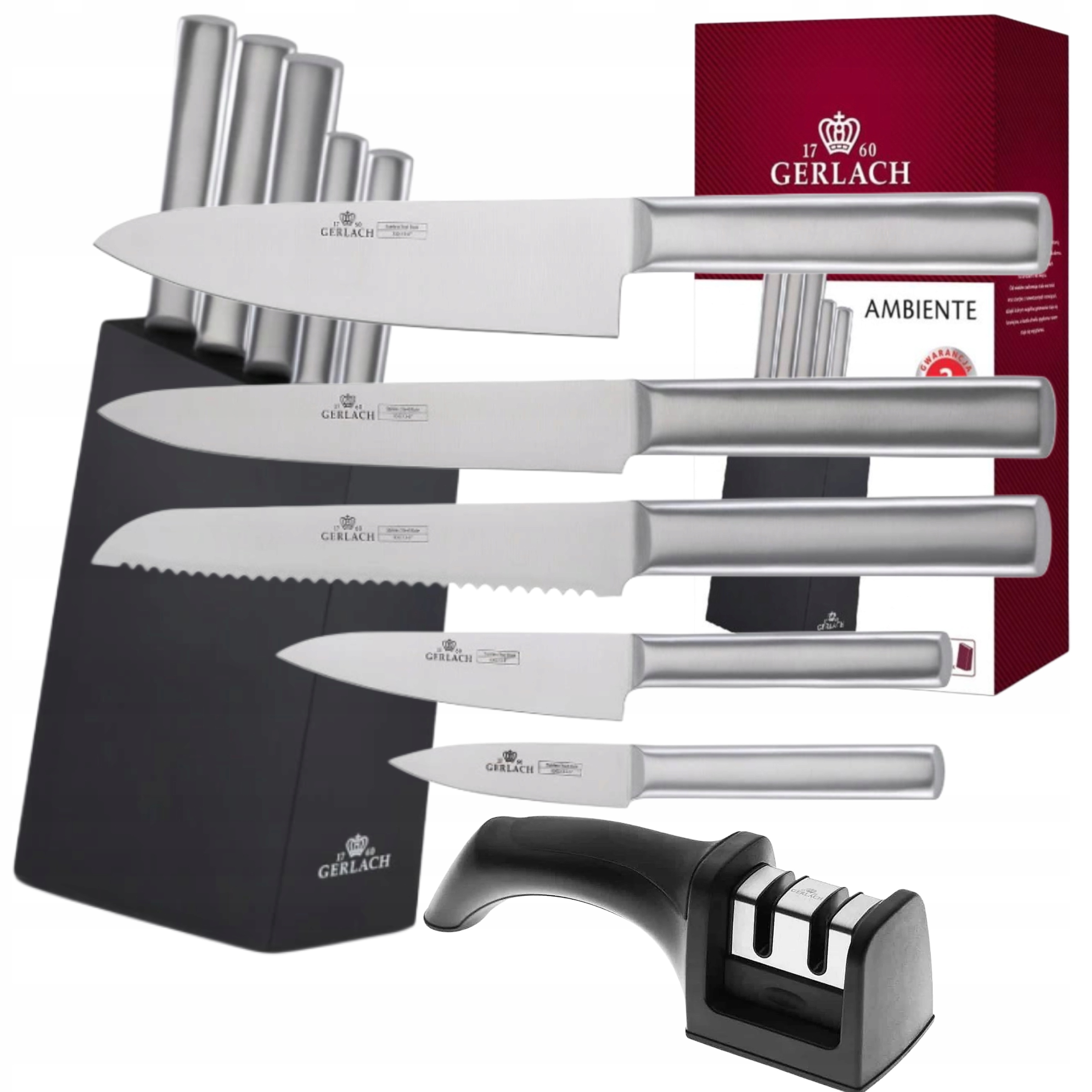 Sada 5 Oceľových Nožov Gerlach Ambiente V Bloku, Kuchynské Nože A Brusný Kameň