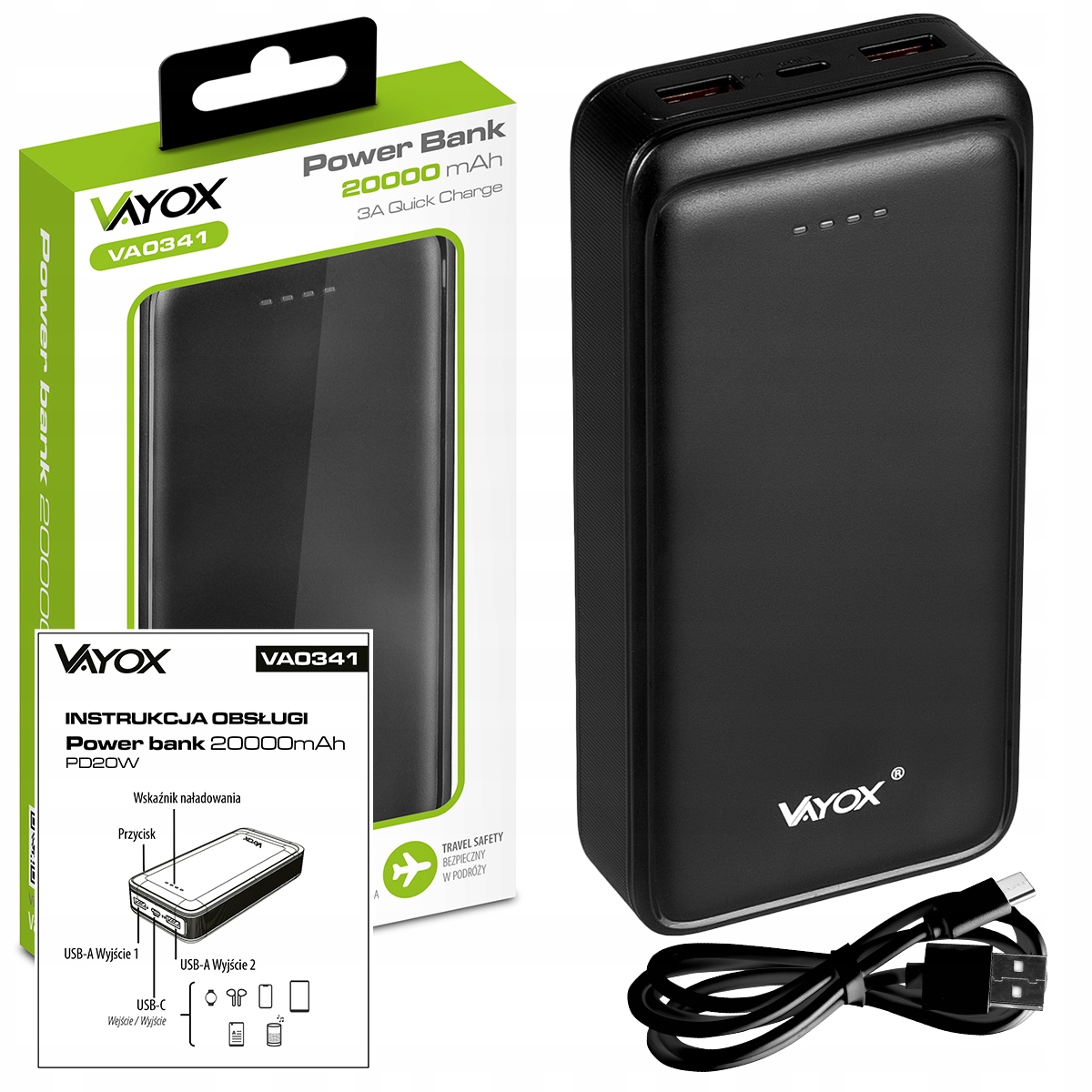 Powerbanka 20000 mAh 74 Wh 20W Usb C 2xUSB Rychlé Nabíjení Qc Pd černá