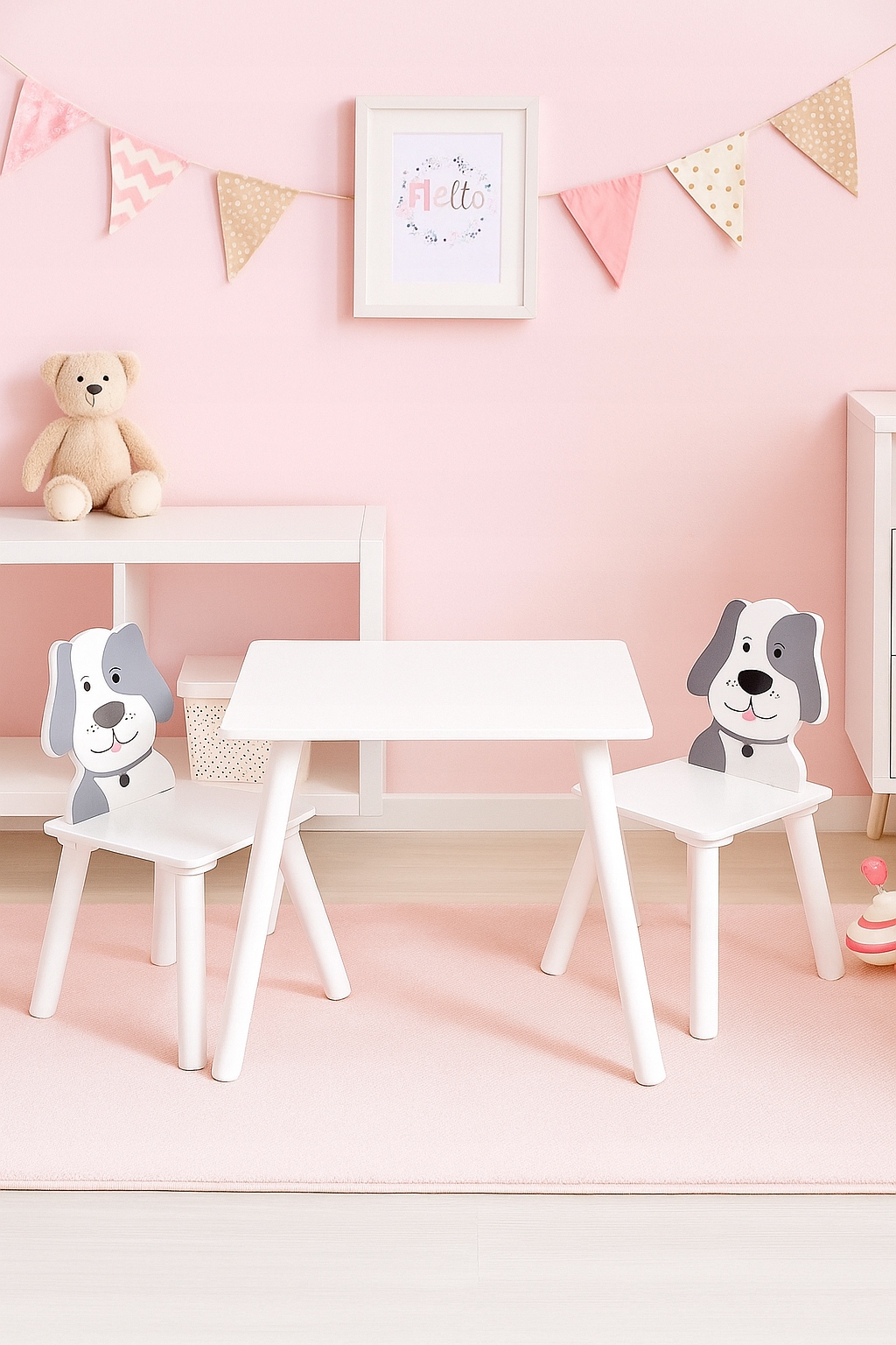 ŠUNŲ ŠUNŲ BALTAS STALAS VAIKIŠKAS MEDINIS STALAS 2 KĖDĖS Lytis berniukai mergaitės unisex