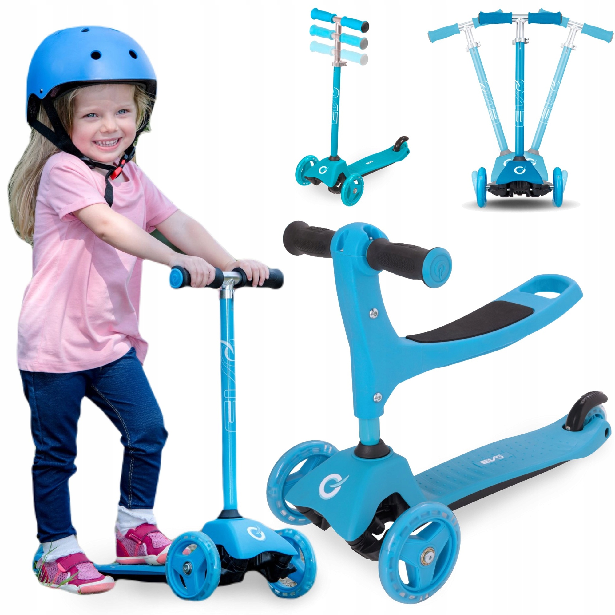 Hulajnoga Jeździk Dla Dzieci 2W1 Regulowana Trójkołowa Jasnoniebieski 12m+