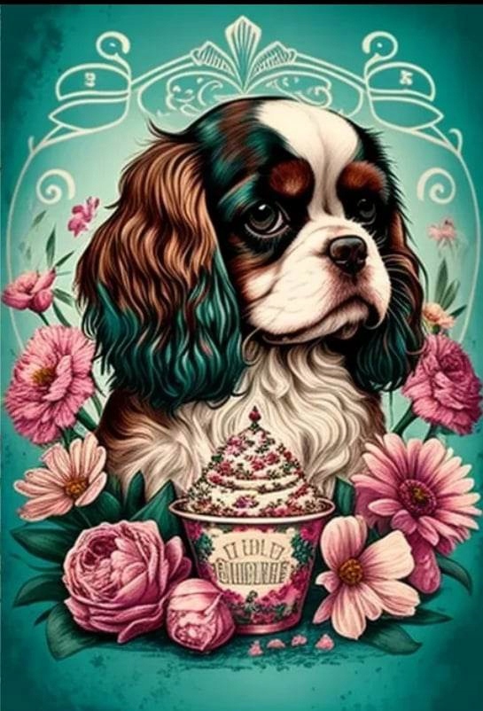 Diamantová výšivka Pes Portrét Květiny Růžová Kytice Cavalier Spaniel 40x60 cm