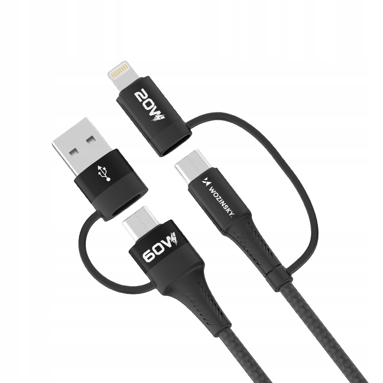 4w1 Uniwersalny kabel przewód 2x Usb-c 1x Usb-a 1x Lightning 60W 1m czarny