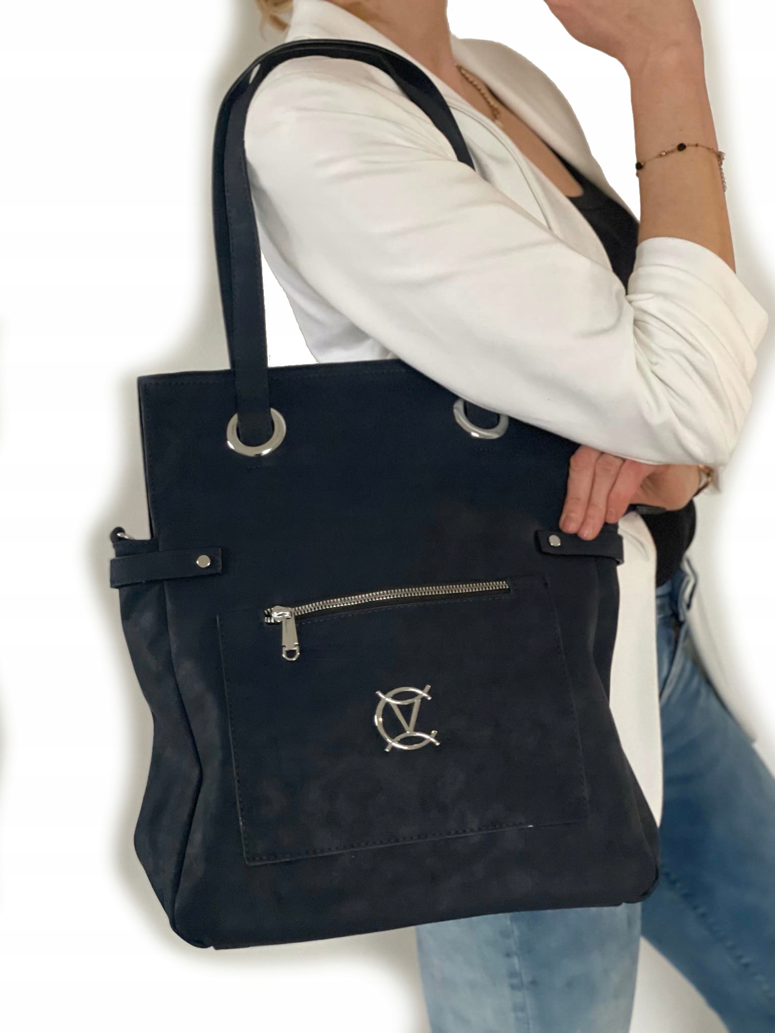 MODNA TOREBKA DAMSKA WOREK SHOPPER A4 nubuk GRANATOWA