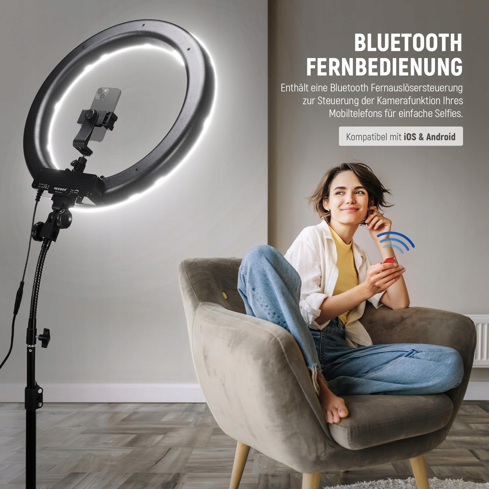 NEEWER Zestaw Pierścieniowy LED 18 Calowy 55W 5600K Z Bluetooth Do Selfie — miniatura 5