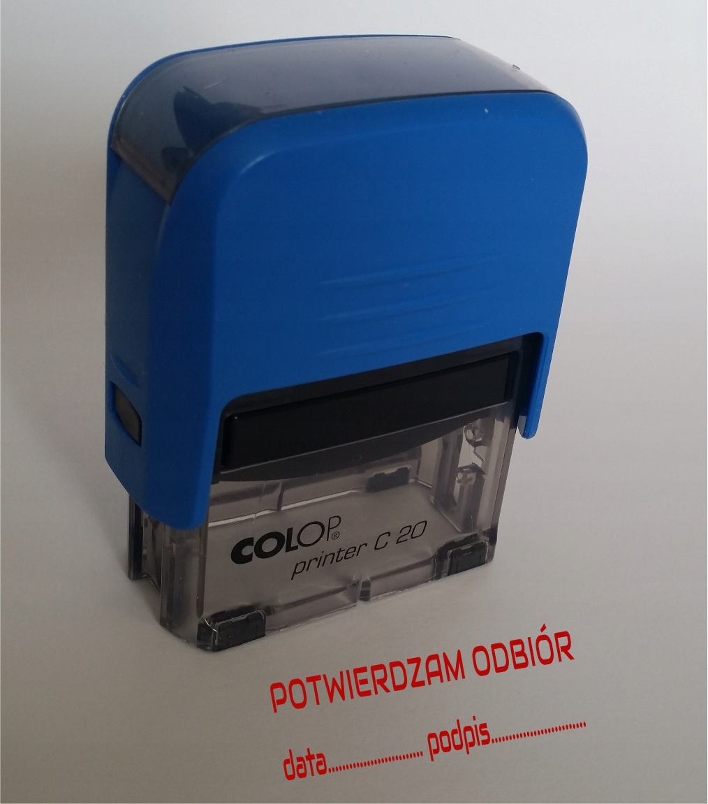Pieczątka o treści POTWIERDZAM ODBIÓR data podpis Marka Colop