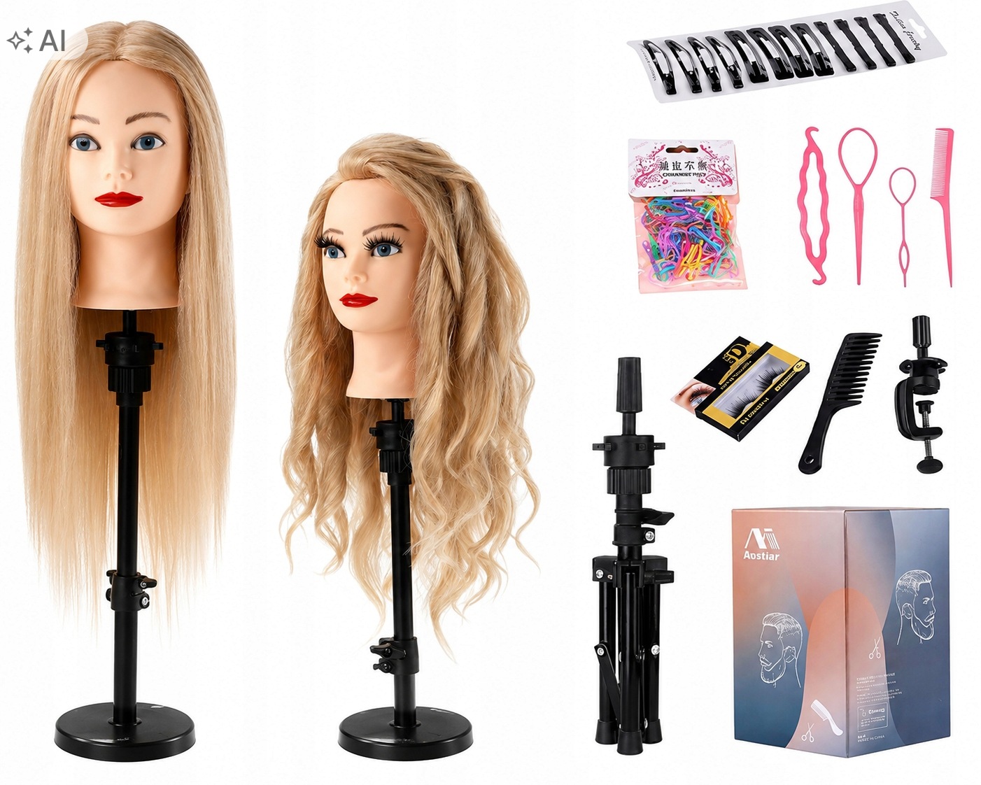 Kadeřnická Tréninková Hlava S Dlouhými Blond Vlasy 60 CM, Stativ A Příslušenství