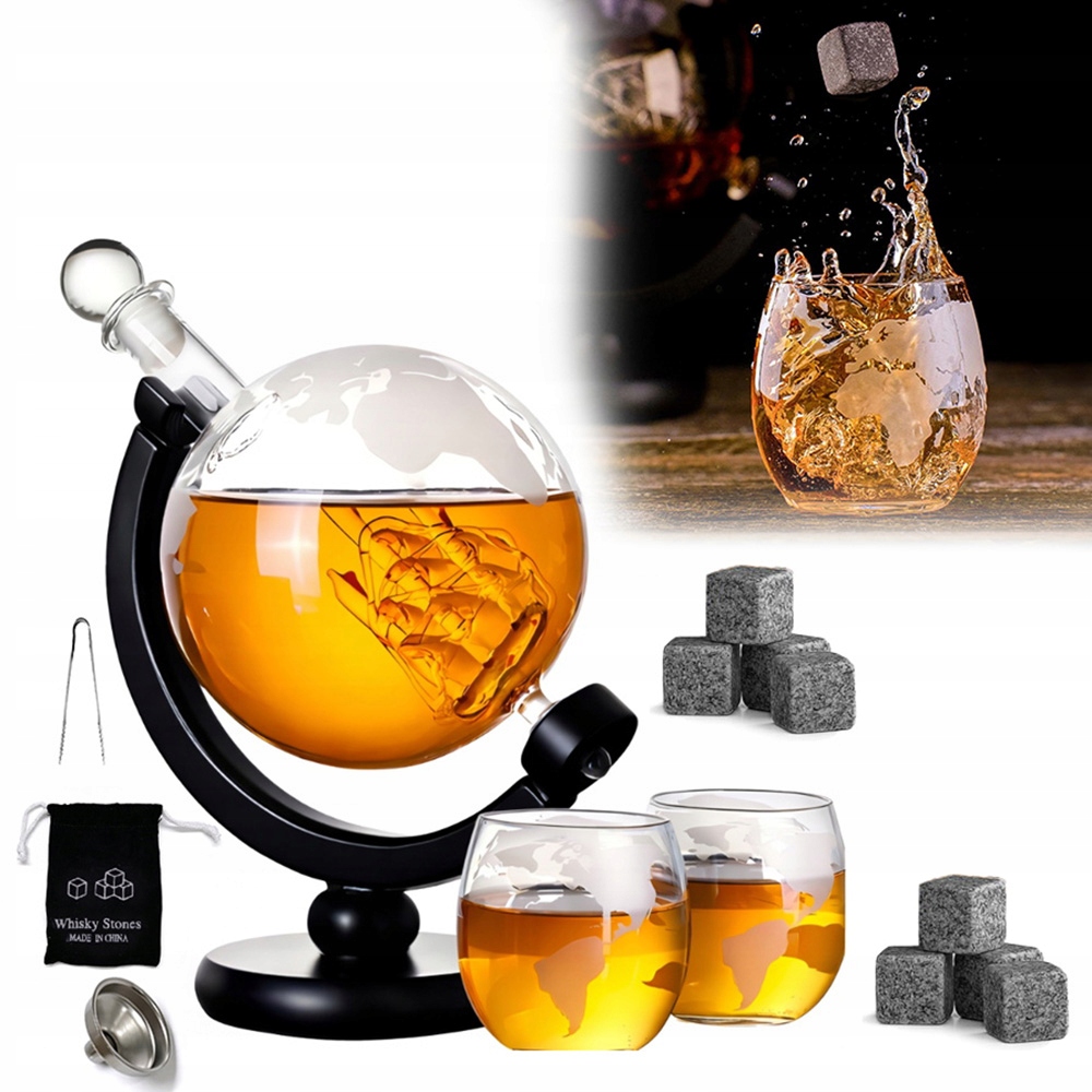 Zestaw Do Whisky Karafka Globus 850ML Statek 2 Szklanki Kostki
