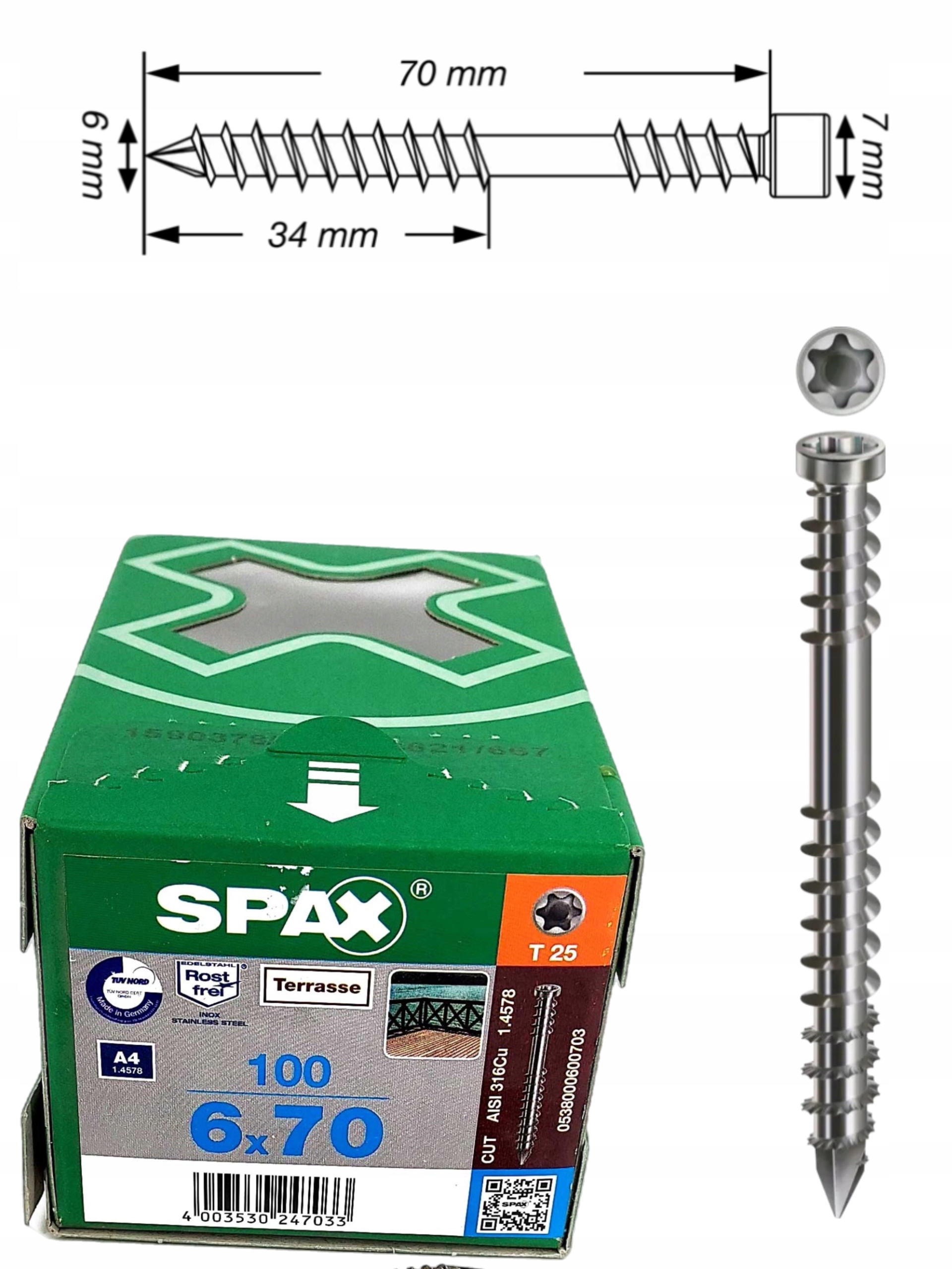 Vruty do terasy z nerezové ocel A4 Spax 6 x 70 mm 100 ks
