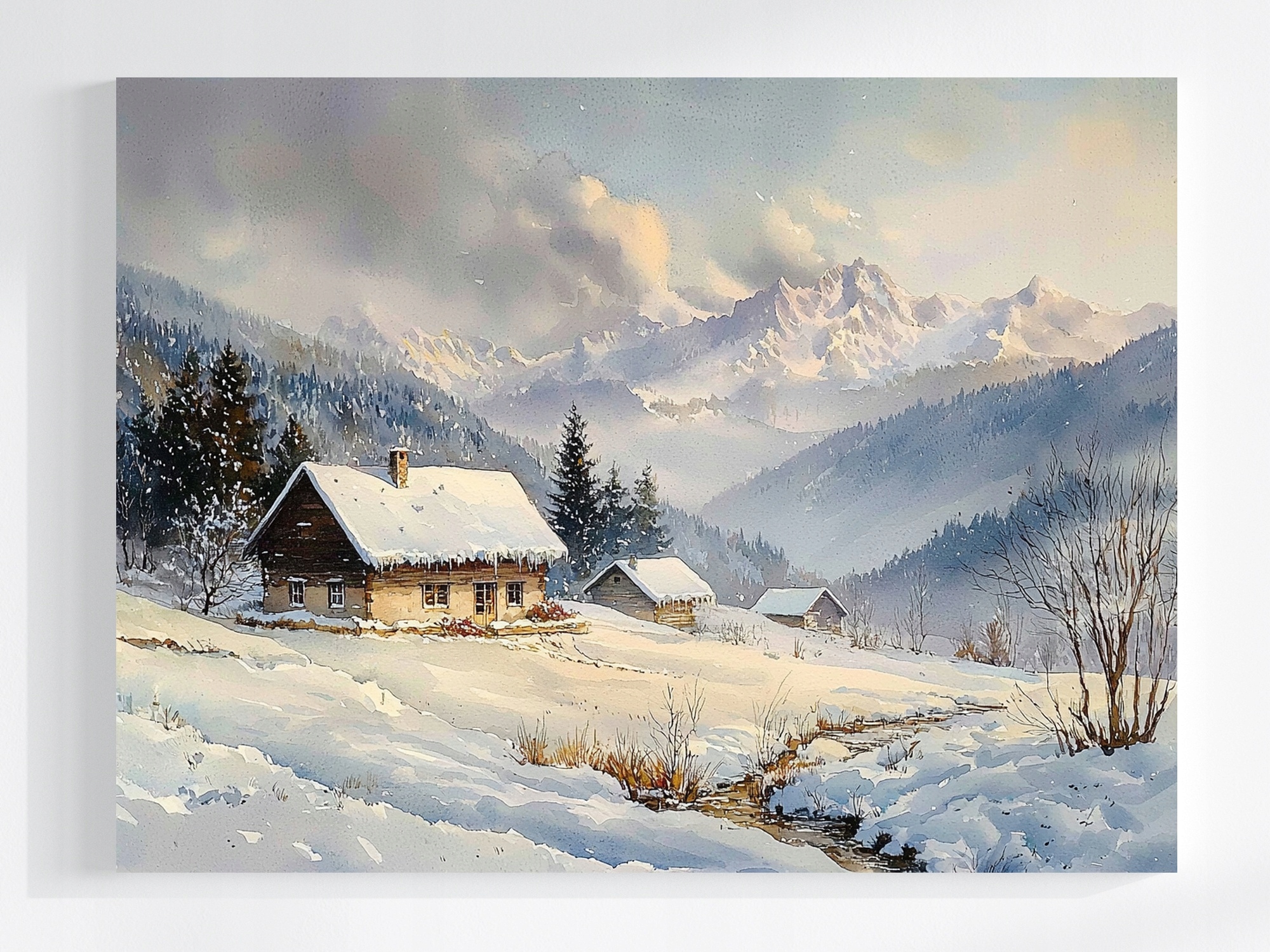Obraz Na Plátně Canvas Krajina Hory Vrcholy Domky Zima Sníh Mlha 100x75