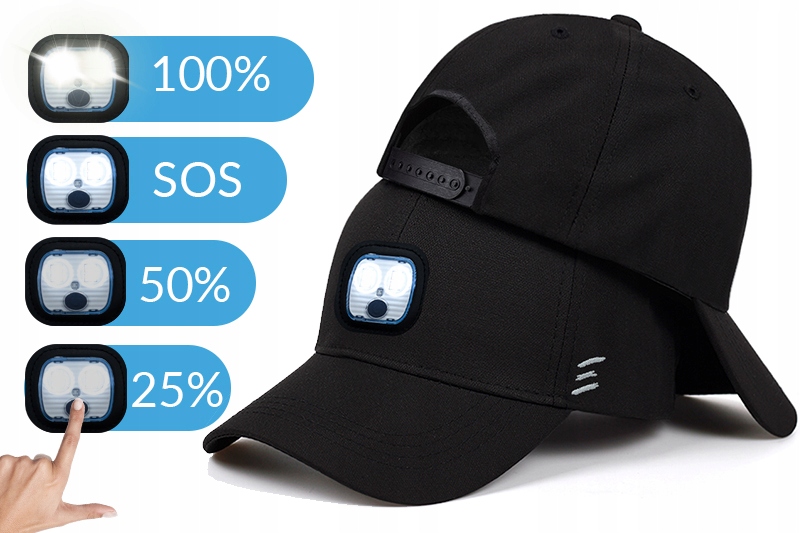 CZARNA CZAPKA Z DASZKIEM ZE ŚWIATEŁKIEM LED USB Rozmiar uniwersalny