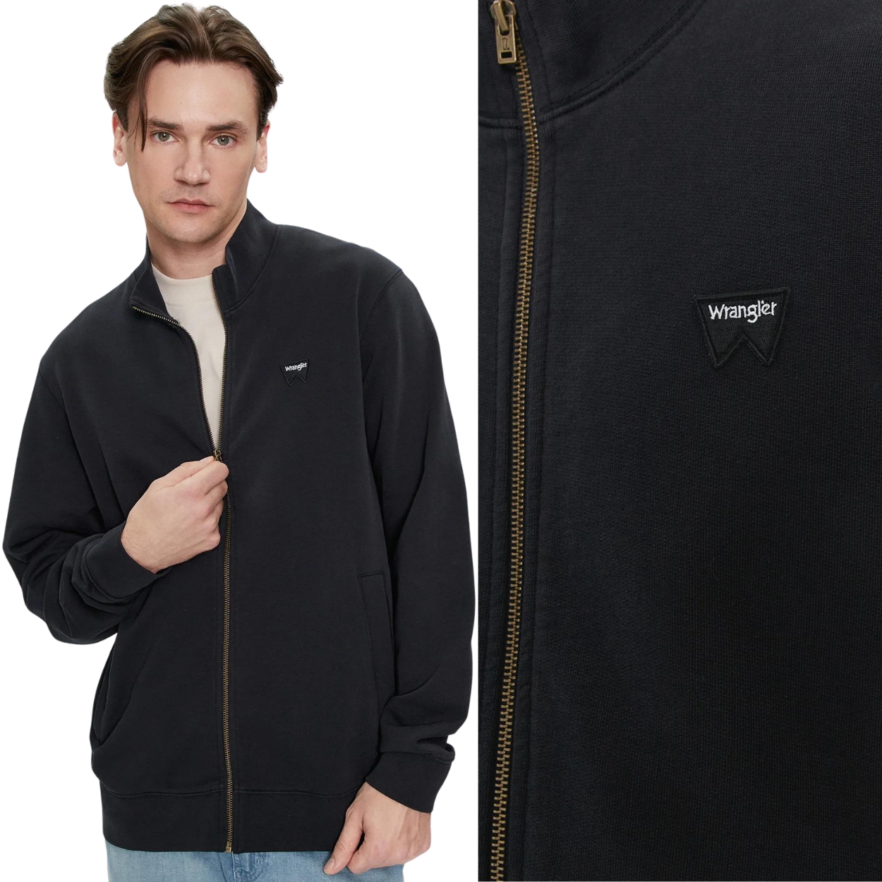 Wrangler Funnel Neck Zip Black rozepínací bavlněná mikina s malým logem L