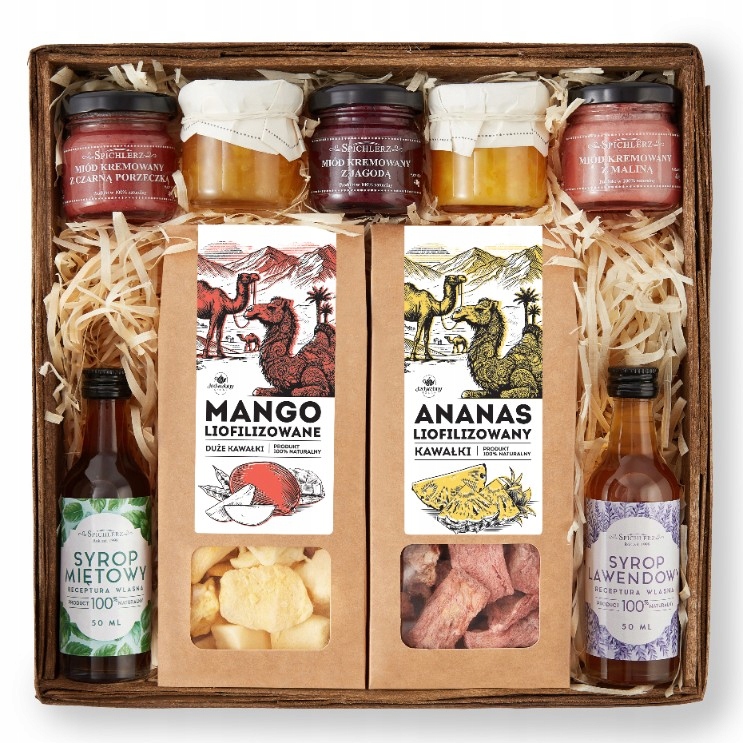 Zestaw Prezentowy ananas mango syrop lawendowy Miody konfitury