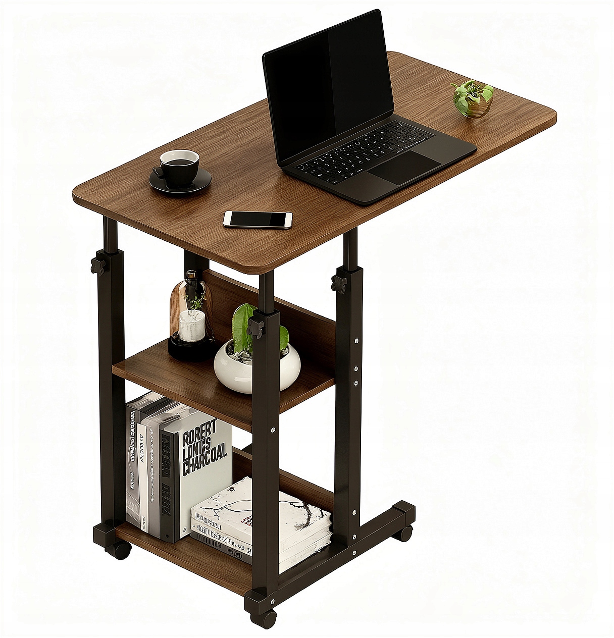 Stolik przyłóżkowy regulowany pod laptopa na kółkach z kółkami ciemny brąz