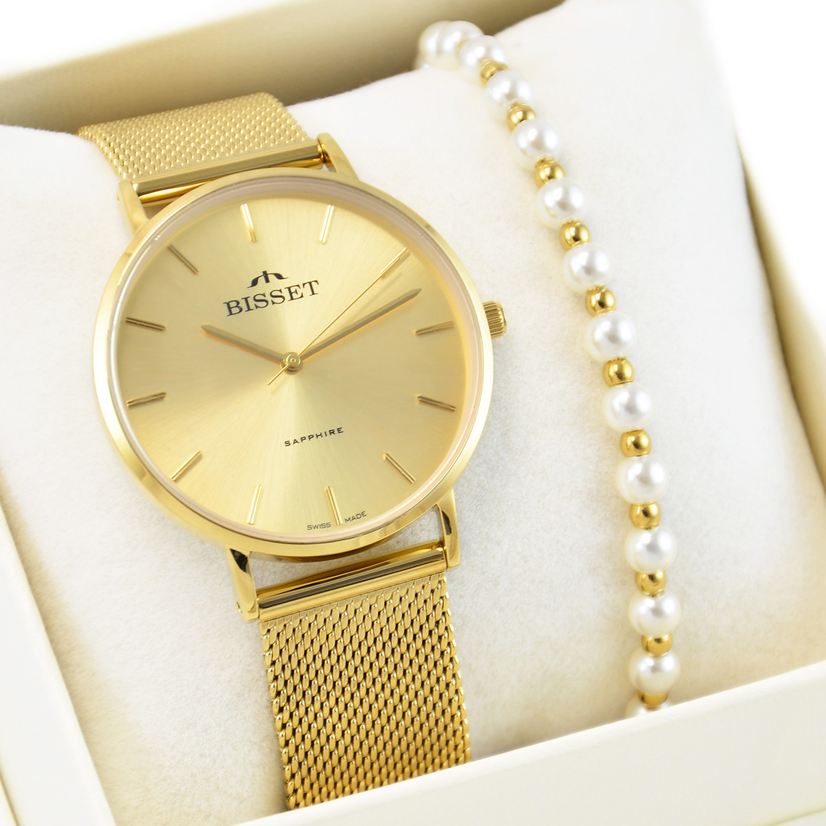 Dámská sada: švýcarské hodinky Bisset Aritte zlaté se Safírovým Sklo