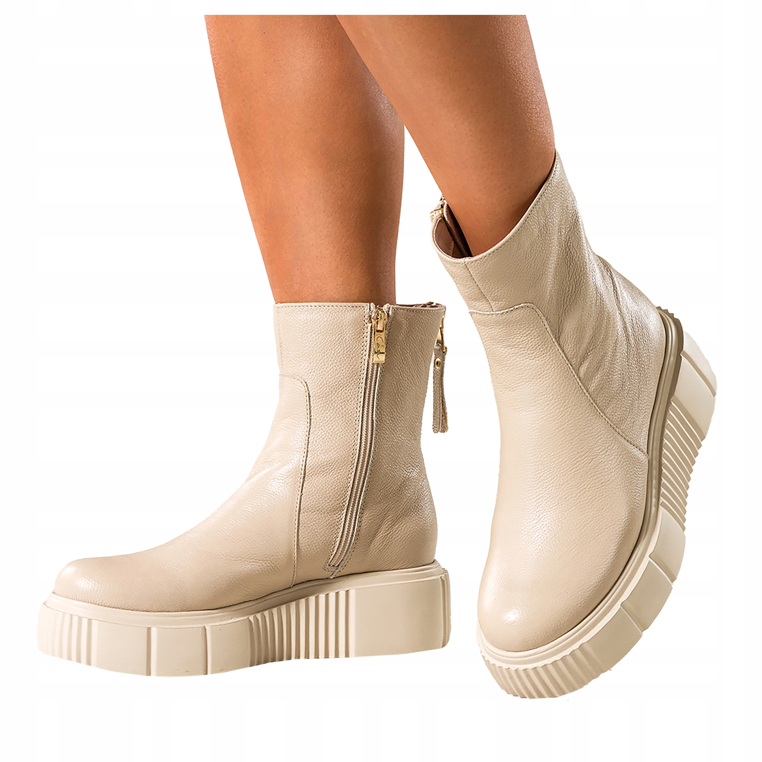 Dámské Kotníkové Boty Béžové Kožené Platforma Pohodlné Ozdobný zámek Modne vel 41