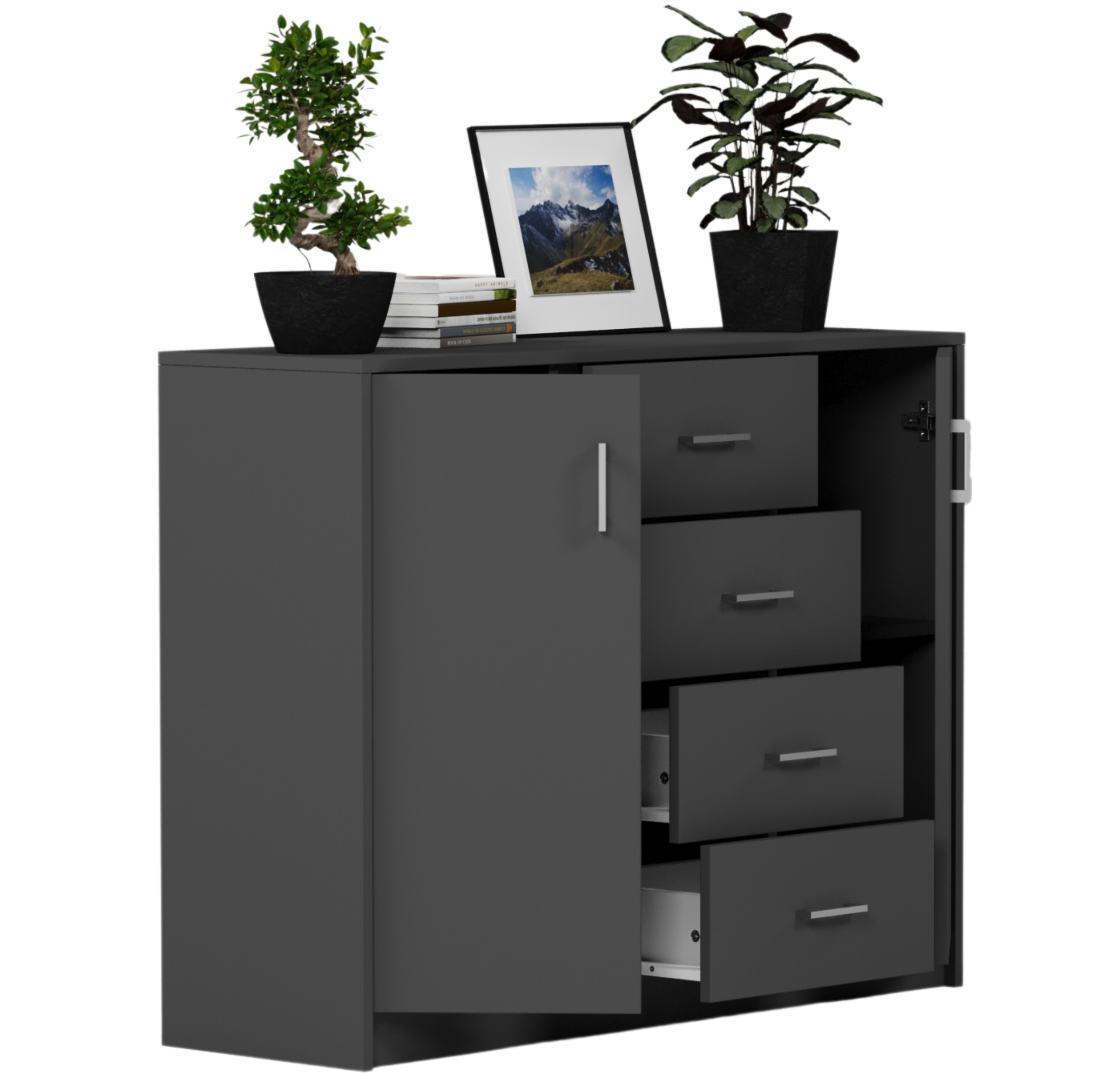 KOMODA 110CM SZAFKA 4 SZUFLADY 2 PÓŁKI Antracyt U1