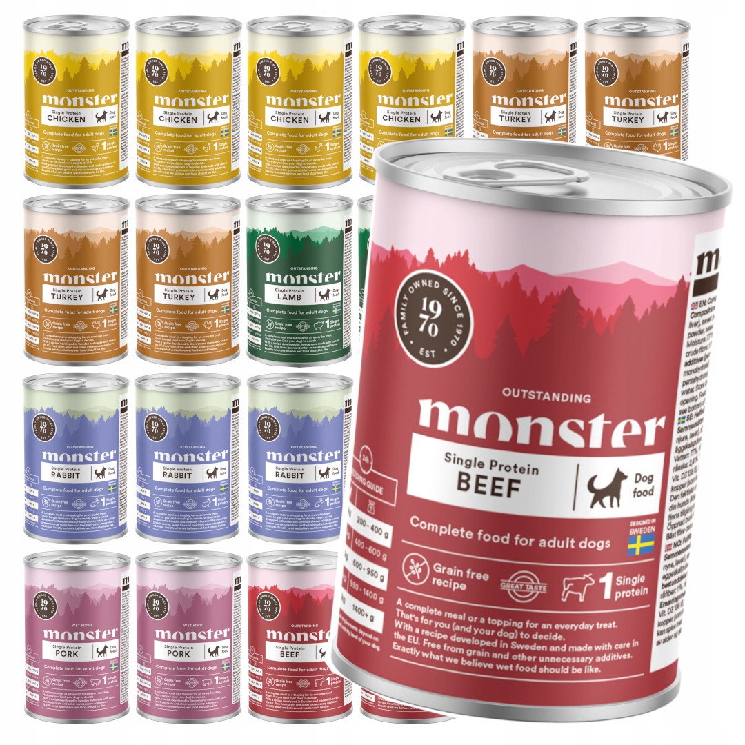 Monster Dog Adult Single Protein 24x400g Krmivo Vlhké pro psa Mix 6 příchutí