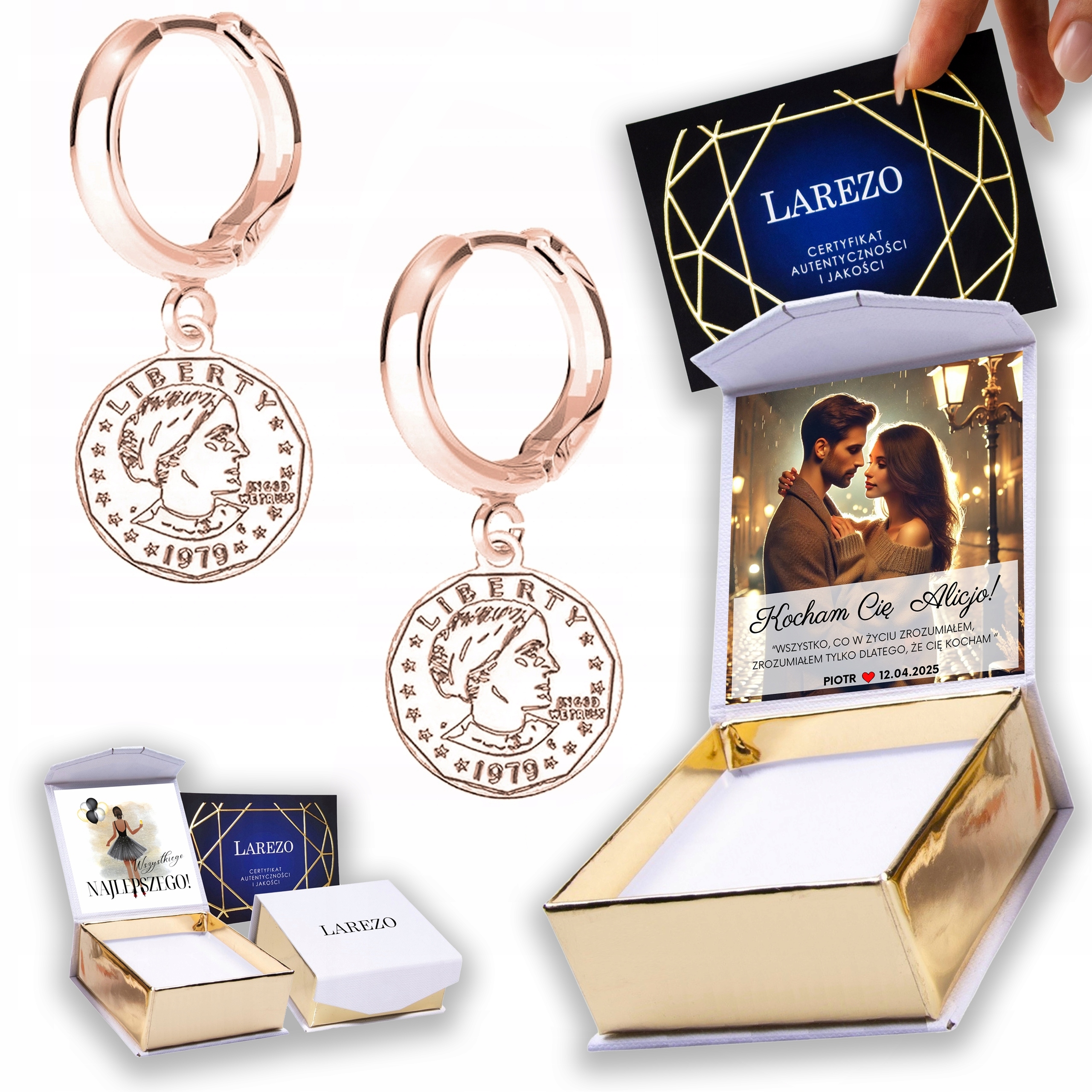 Náušnice Pozlacené 925 mince Talismany Peníze Mince Potisk