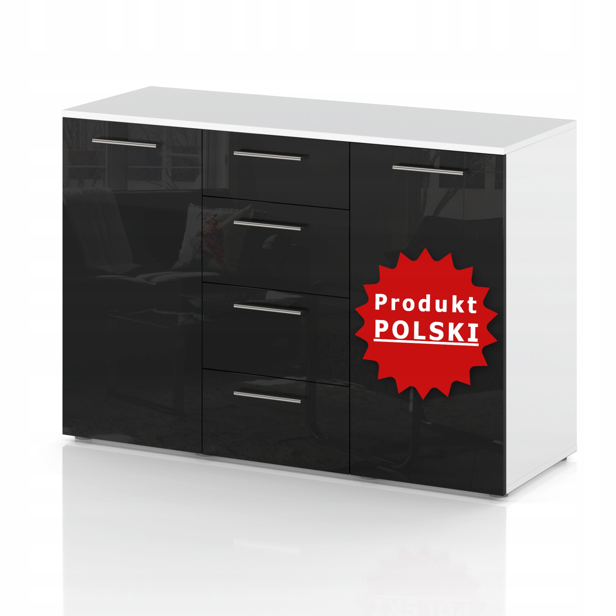 

Komoda 4 Szuflady 150 CM 2 Drzwi Połysk Czarny