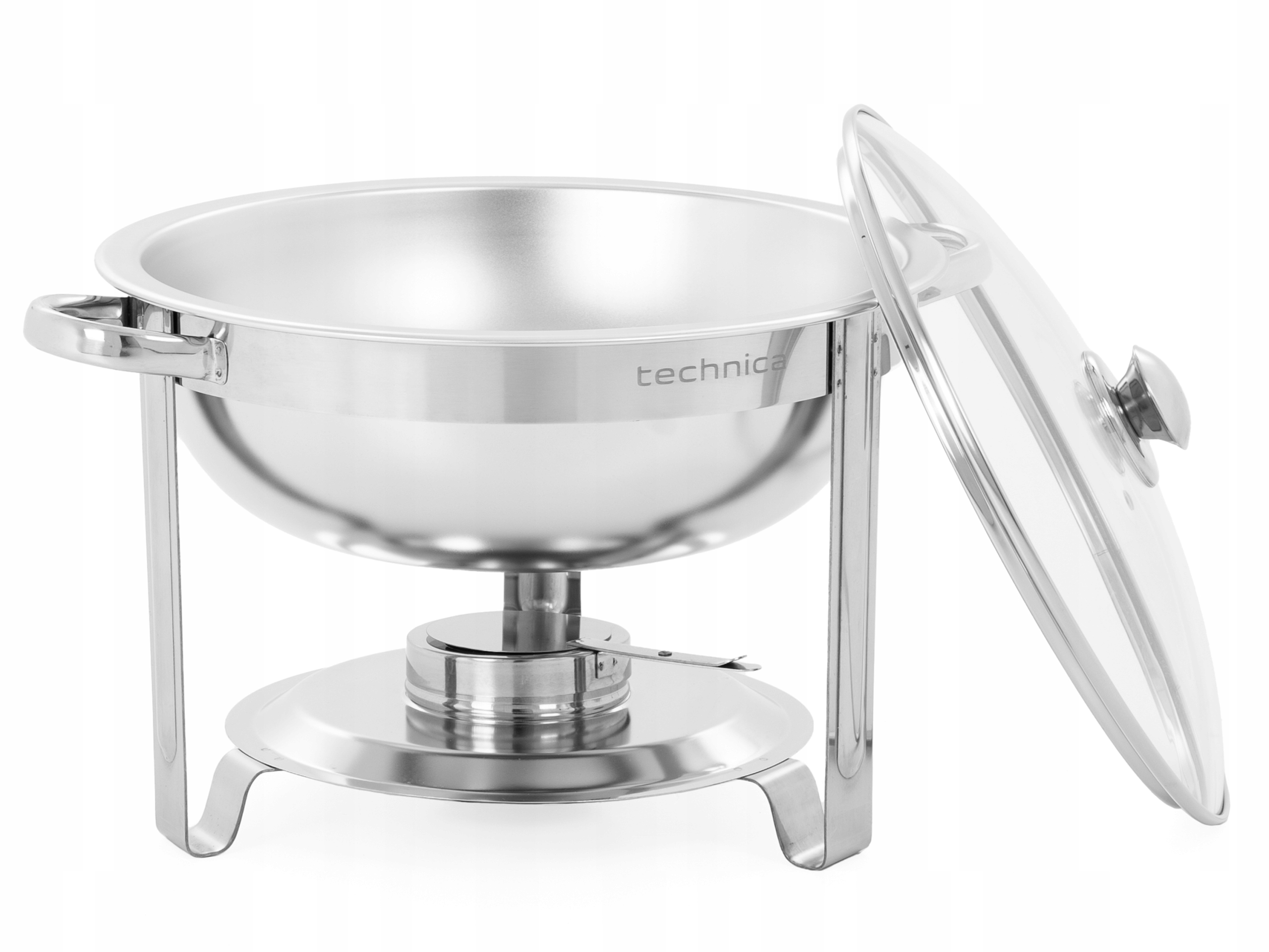 PODGRZEWACZ OKRĄGŁY DO POTRAW SZKLANA POKRYWA 5 L STAL NIERDZEWNA TECHNICA Kolor srebrny