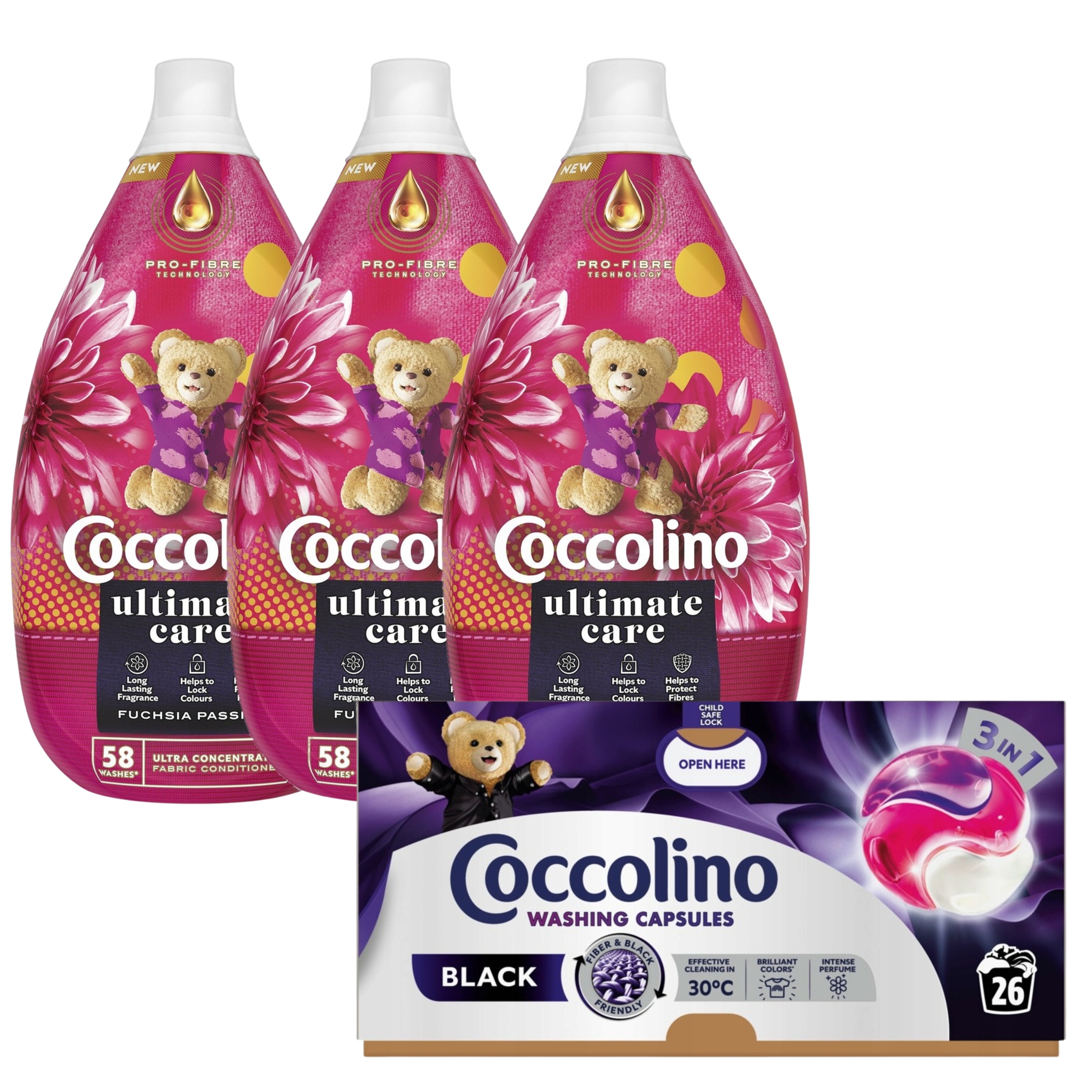 Coccolino Ultimate Care Fuchsia Płyn do płukania 3x870ml Kapsułki