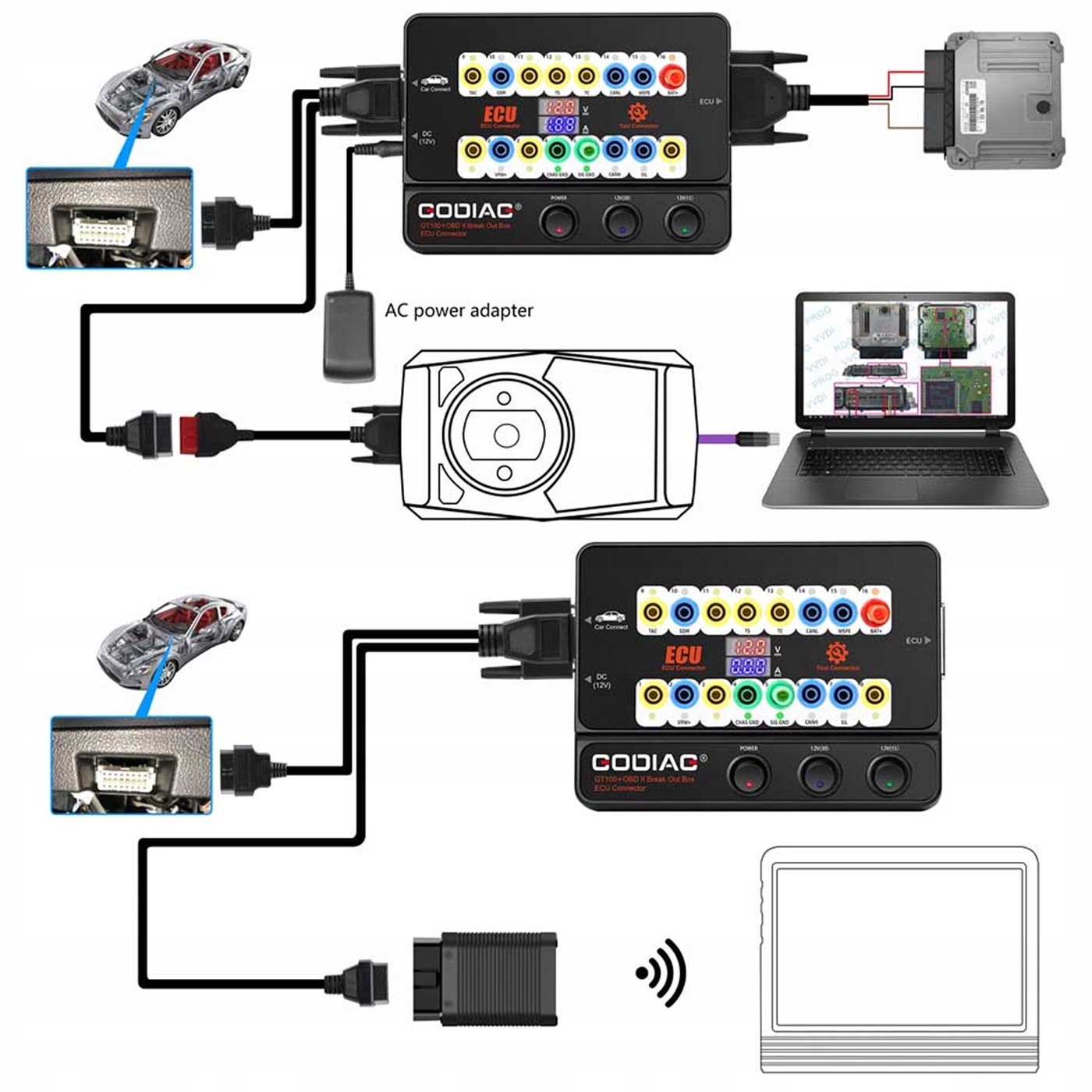 GT100+ OBD2 Breakout Box automobilio ECU, CAN, srovės ir įtampos testeris