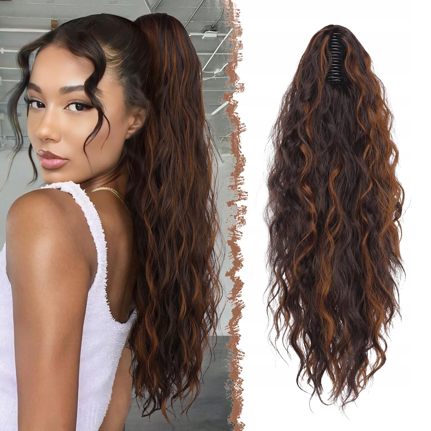 Feshfen Kucyk s přezkou, syntetické vlasy, vlnité, tmavě hnědé s odlesky