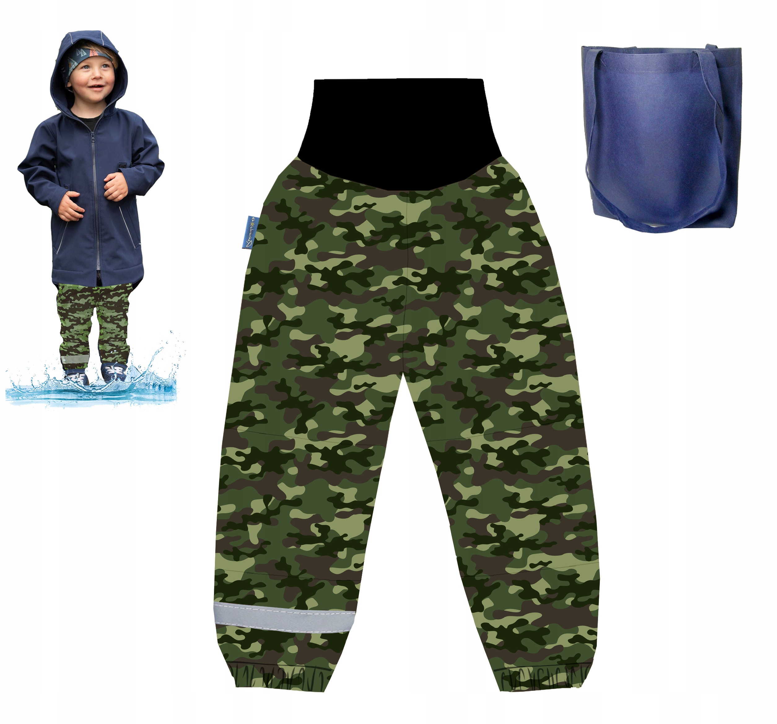 Przeciwdeszczowe Spodnie chłopięce softshell Podwinięcie military, moro 104