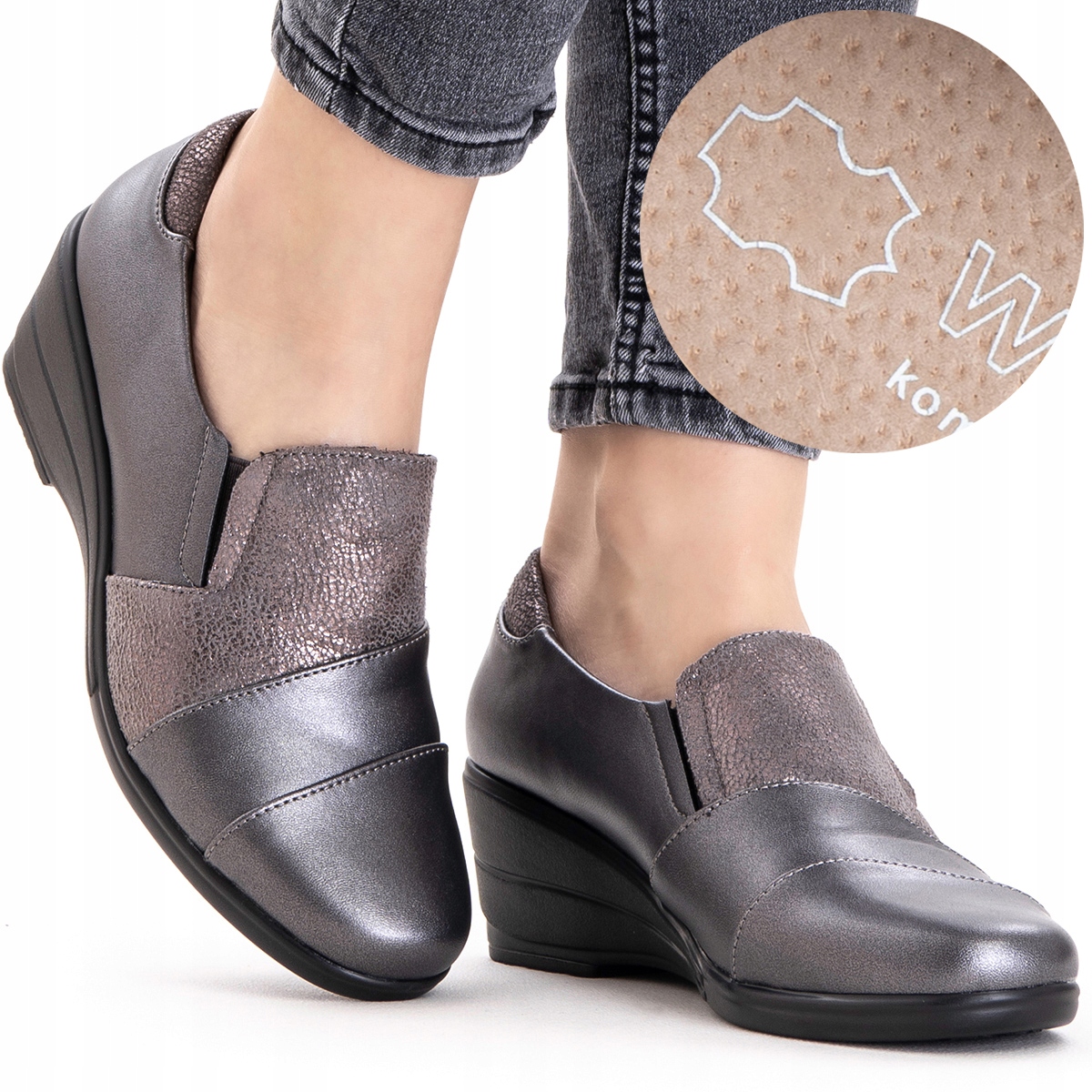 Polobotky na koturnu zasouvací vkládací Kůže Širší lehké stabilní Wojtyłko 41