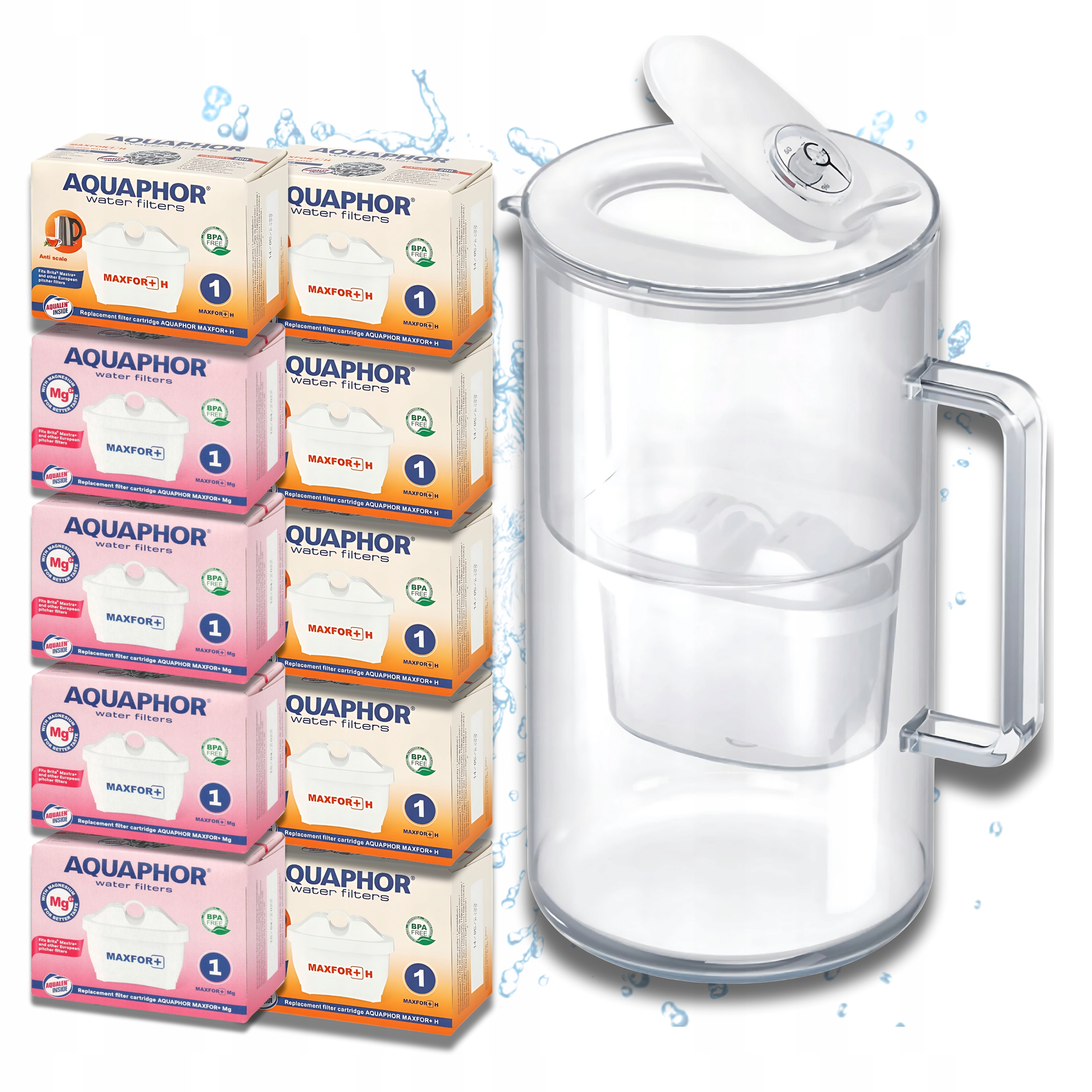 Dzbanek filtrujący szklany biały Aquaphor Glass +10 filtrów Maxfor (4Mg+6H)