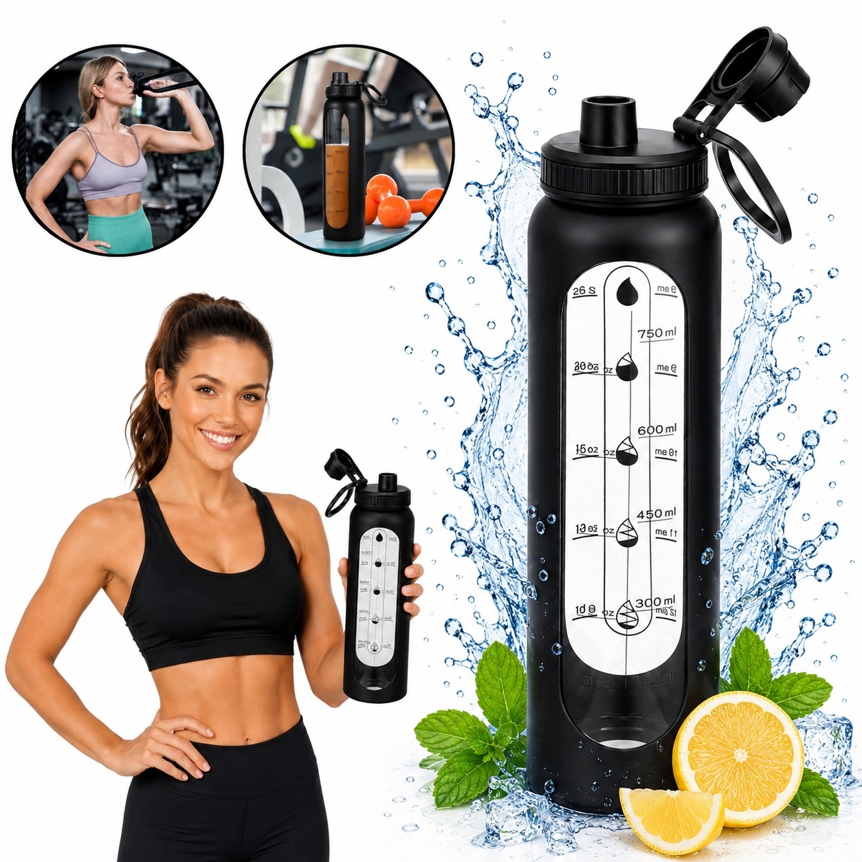 Bidon Sportowy Butelka Na Wodę 1L Z Miarką Uchwyt Czarny Bpa Free