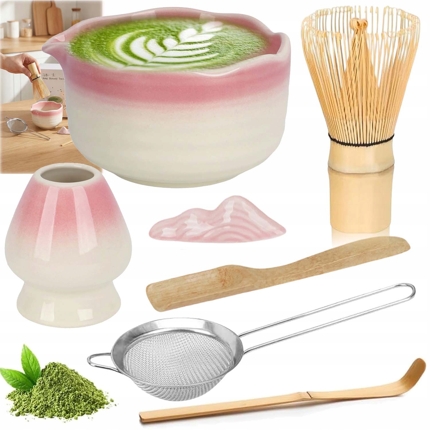 Ceramiczny Zestaw Do Matchy 7W1 Czarka Miotełka Łyżeczka Do Herbaty Matcha