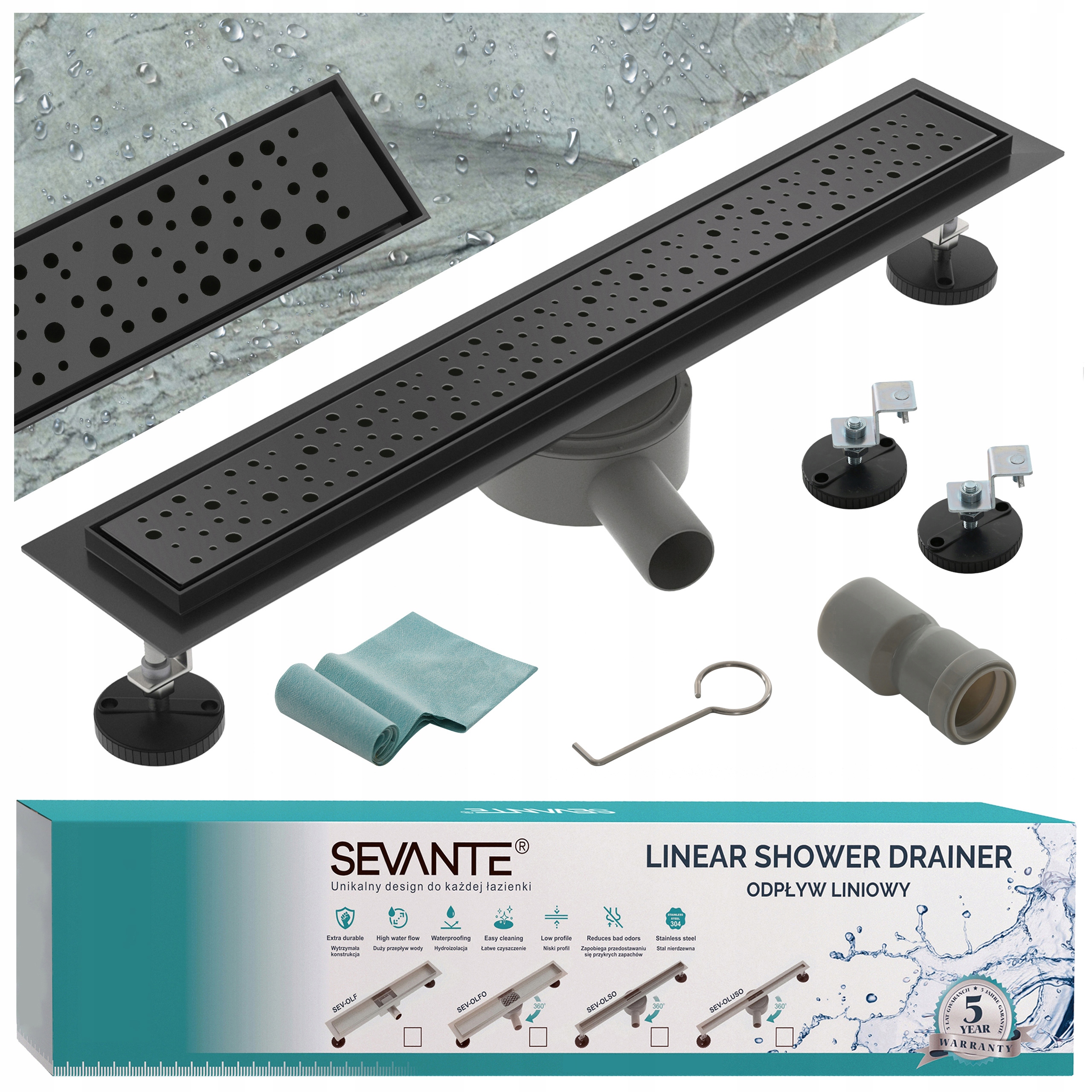 Lineárny odtok s maskovačom 60 cm Flat čierny nerezová oceľ otočný sifón