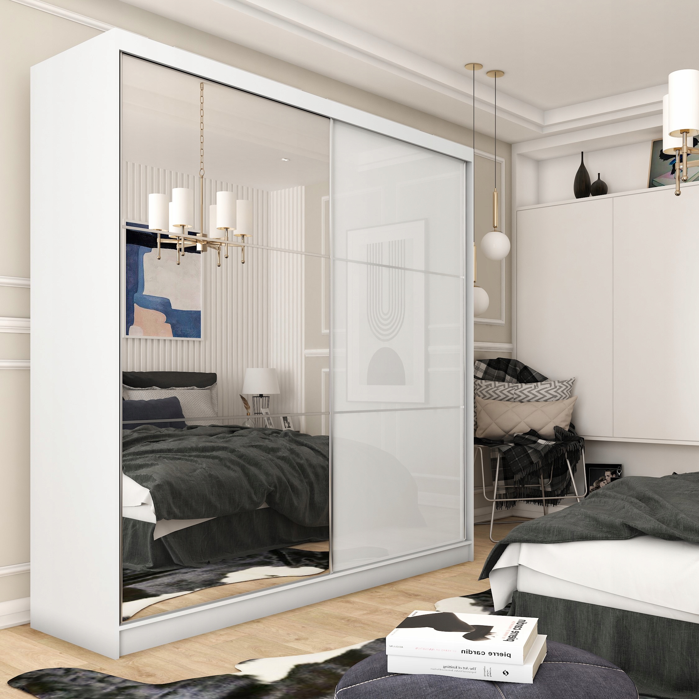 Skříň 200 cm Skříň se zrcadlem Posuvná bílá