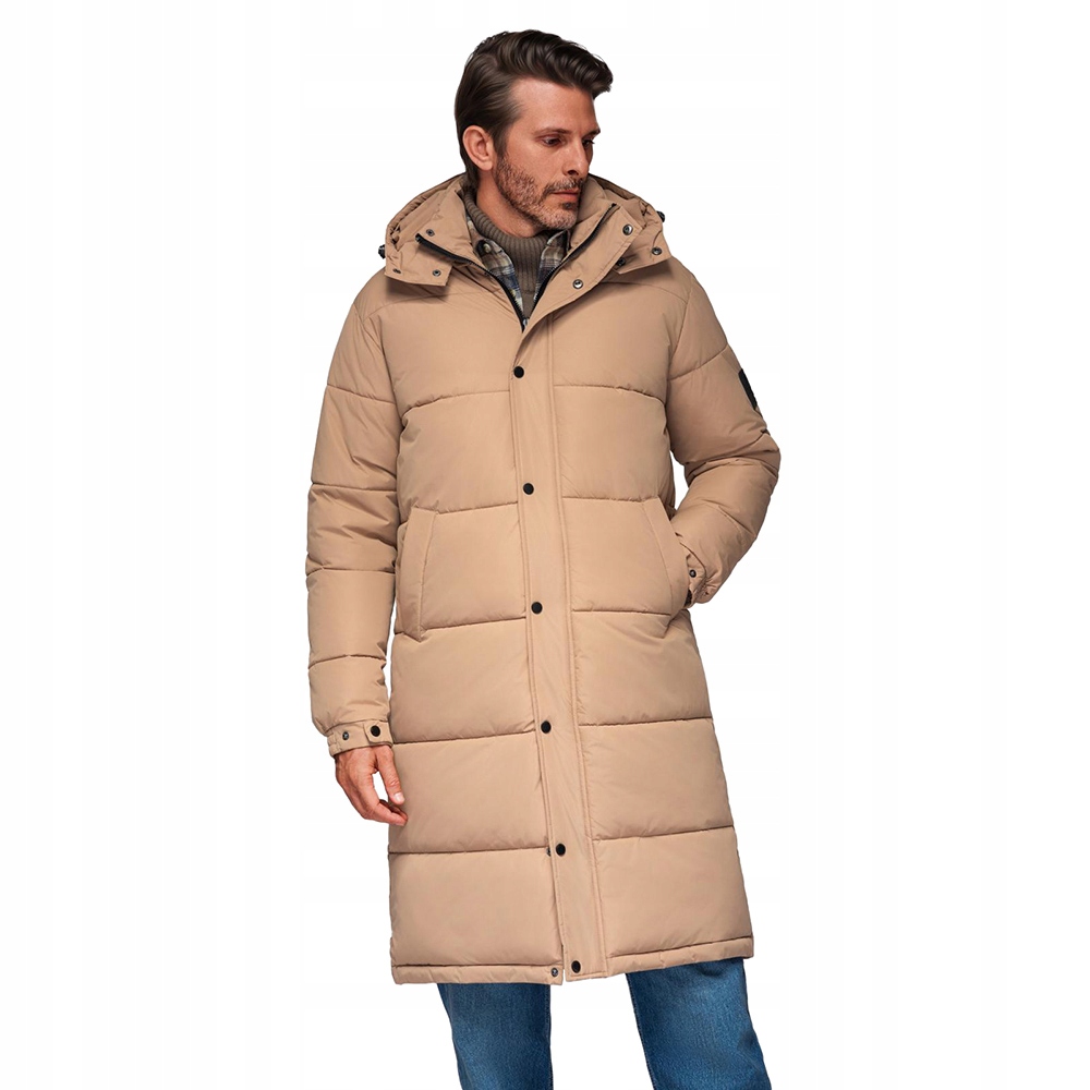 Prošívaná dlouhá pánská bunda s odepínací kapucí béžová V2 OM-JALJ-0190 S