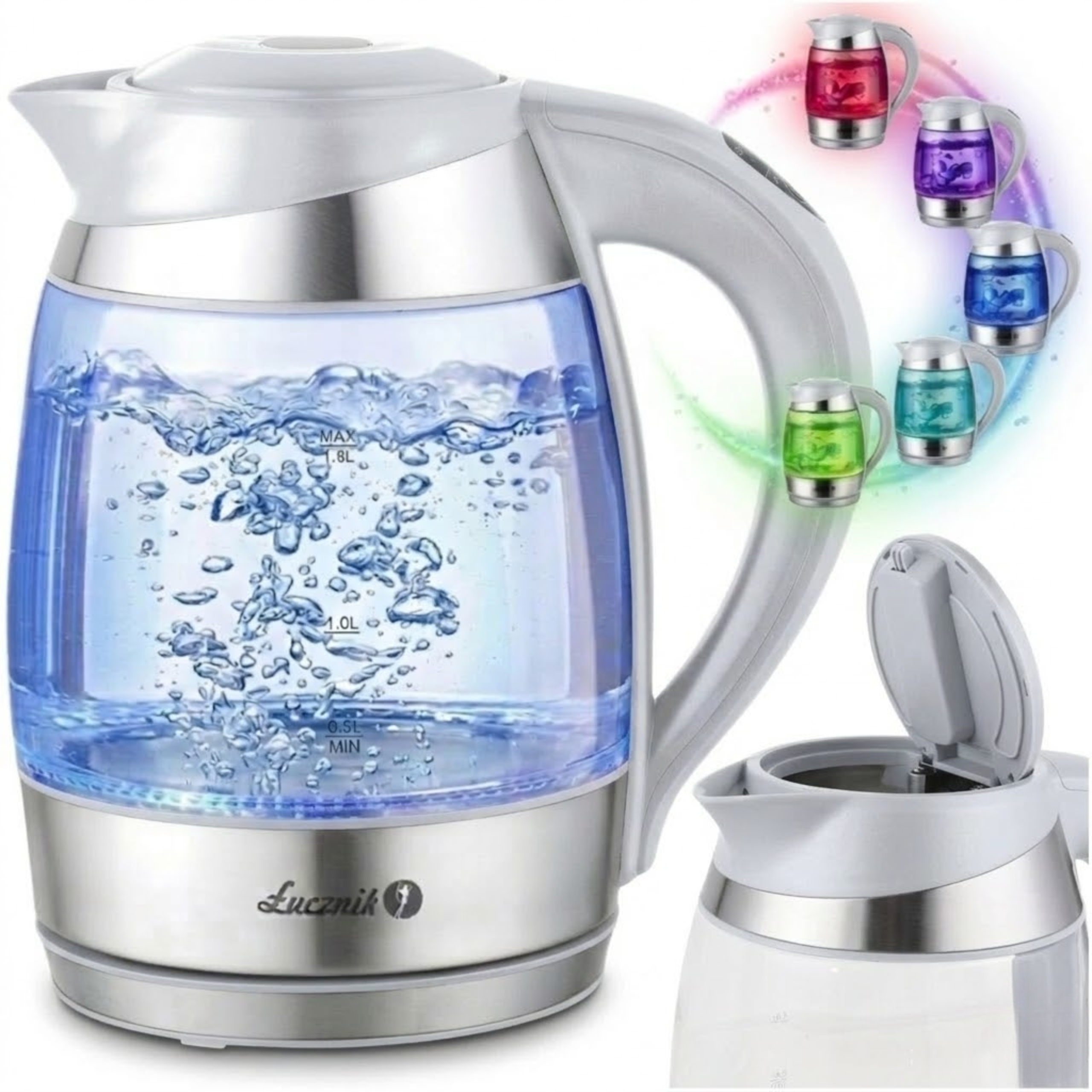 Czajnik elektryczny szklany z regulacją temperatury Łucznik biały Led 1,8L