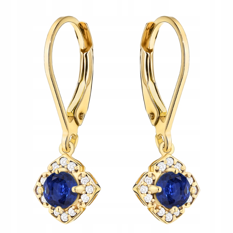 Złote Kolczyki Damskie Wiszące pr. 585 Brylanty i Szafiry 0,60ct 14k