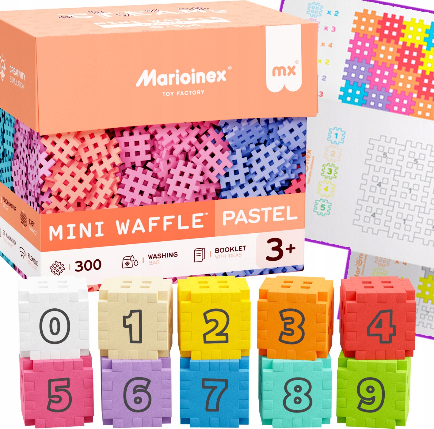 Marioinex Pastelowe klocki waffle mini 360, karty pracy kostki matematyczne