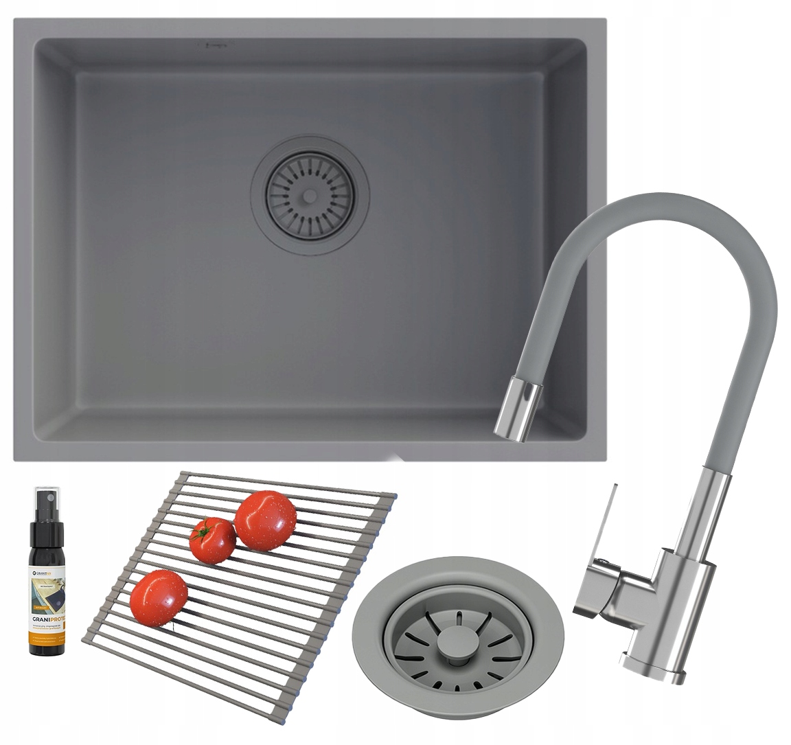 Granitový drez Manado 60 pod dosku, sivý, sada batérií rolmata