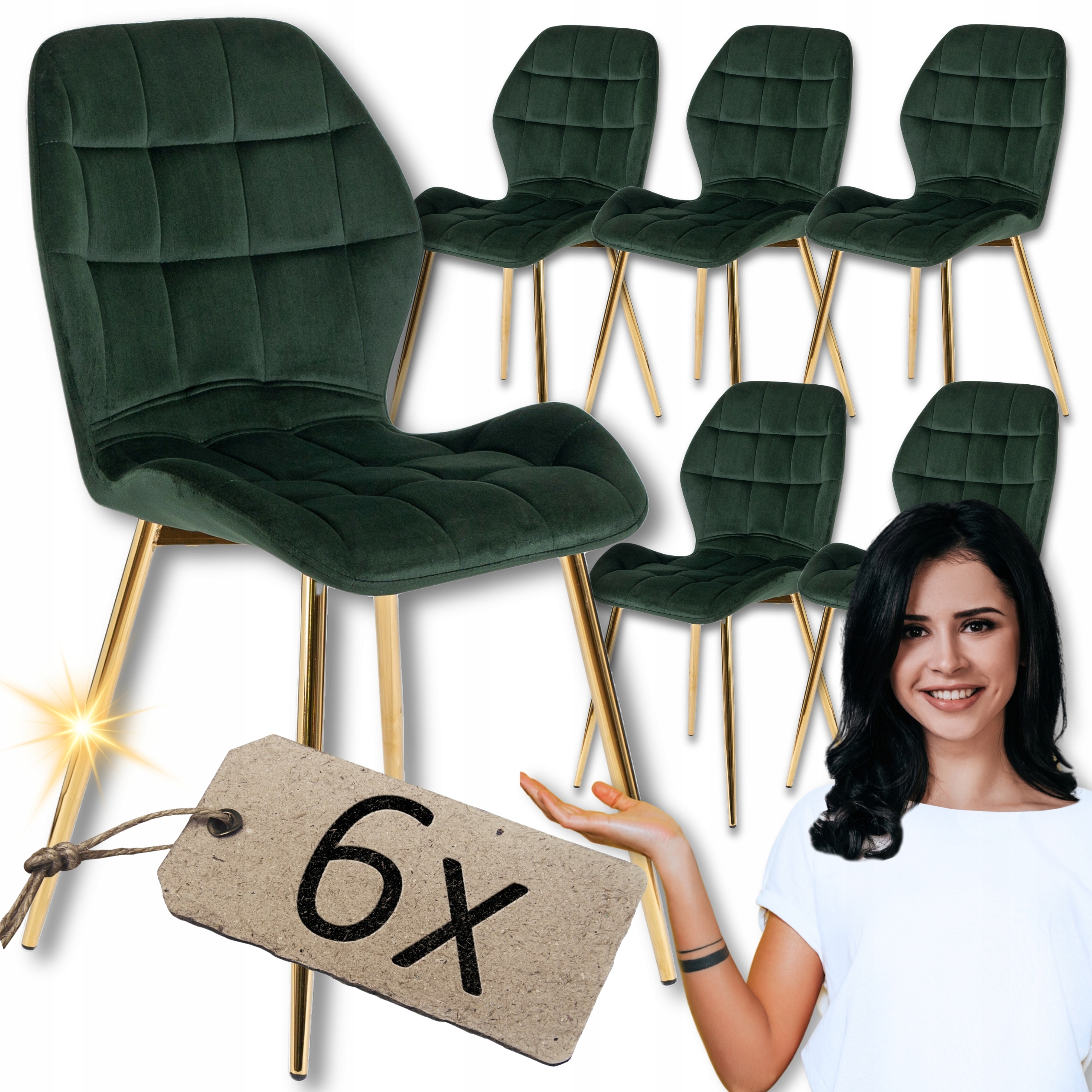Tapicerowane Krzesło Zielone Welurowe Glamour Do Jadalni Salonu Lucky 6x