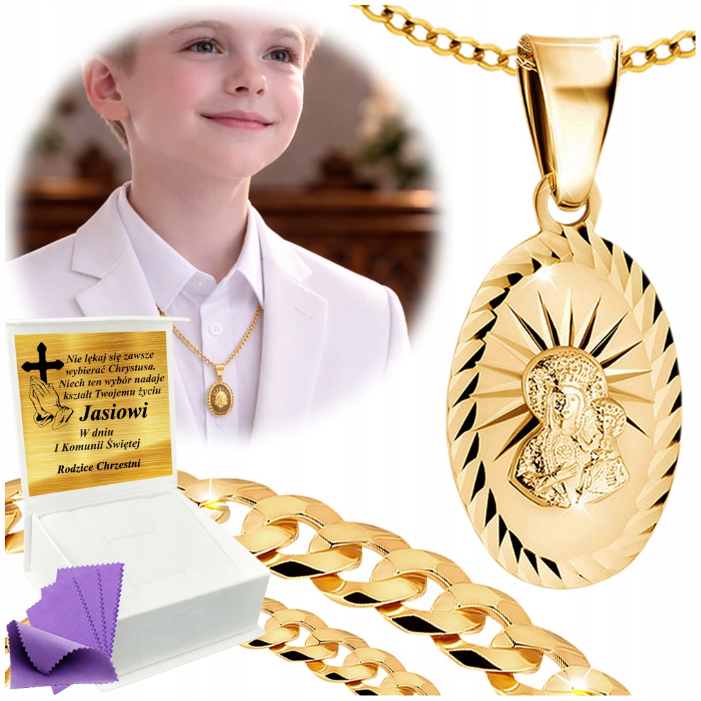 Złoty Łańcuszek Z Medalikiem Srebro 925/585 Na Komunię Chrzest Grawer