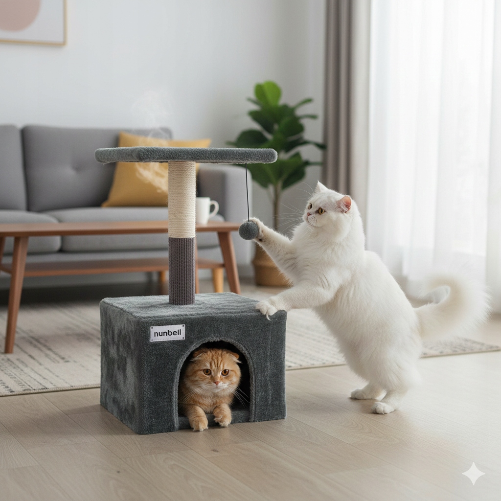 Levně Škrabadlo Pro Kočky Domeček Pelíšek Sloupek Věž Nunbell Stabilní Silný 3 Barvy