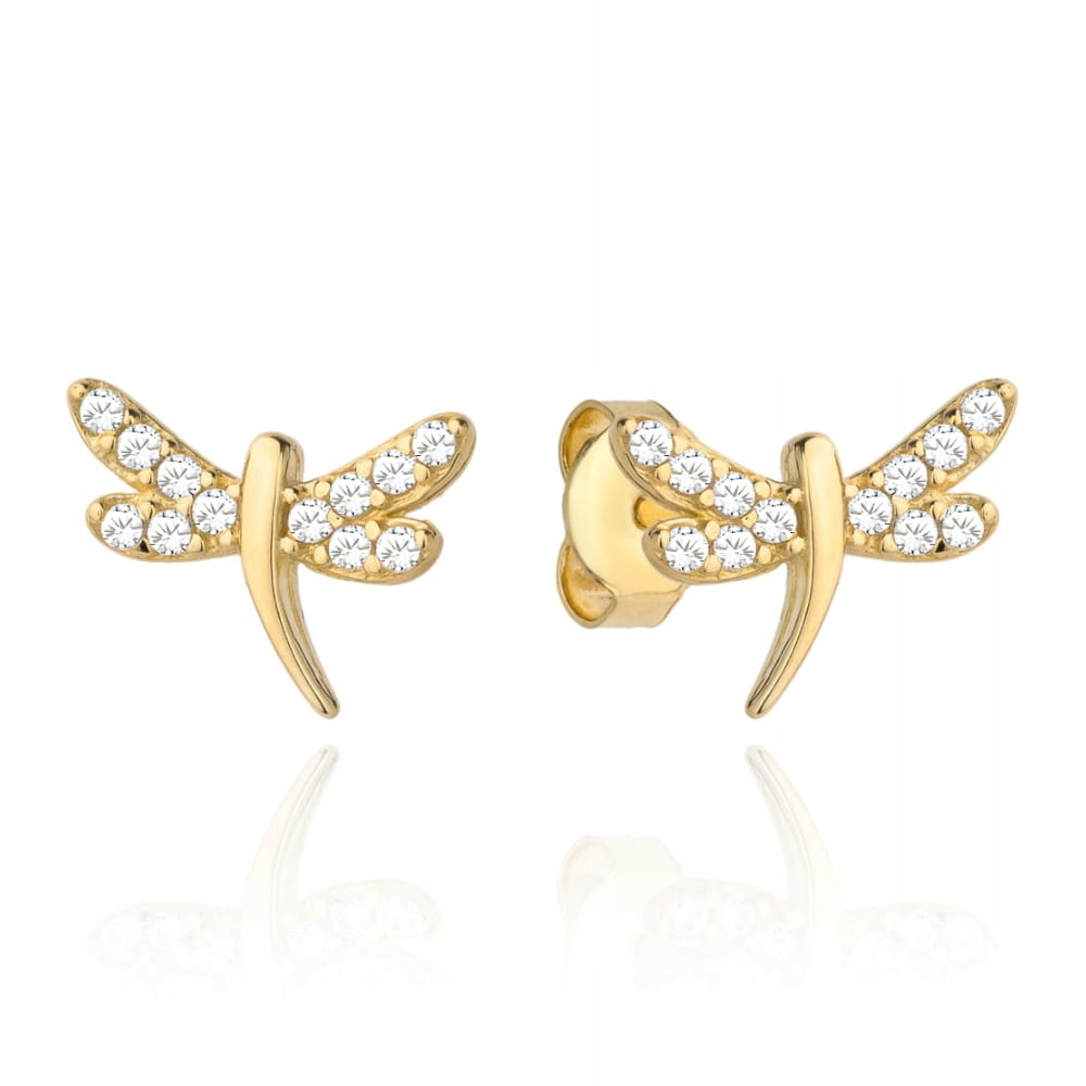 Zlaté náušnice 585 14k s tyčinkami, vzor vážky osázený zirkony pro ženy