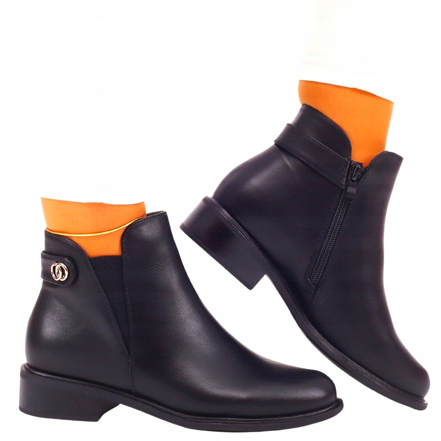 CZARNE BOTKI DAMSKIE SZTYBLETY SKÓRA BUTY PŁASKIE