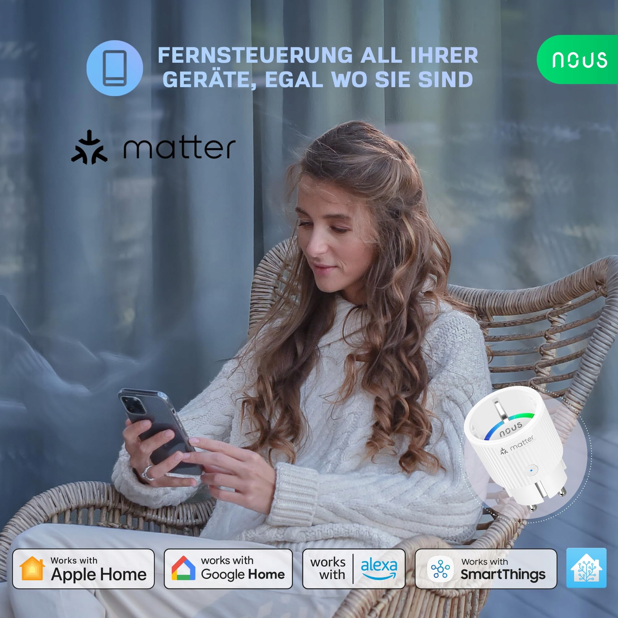NOUS Matter Smart Gniazdko 16A 3840W Kompatybilne z Alexa Google Home — miniatura 7