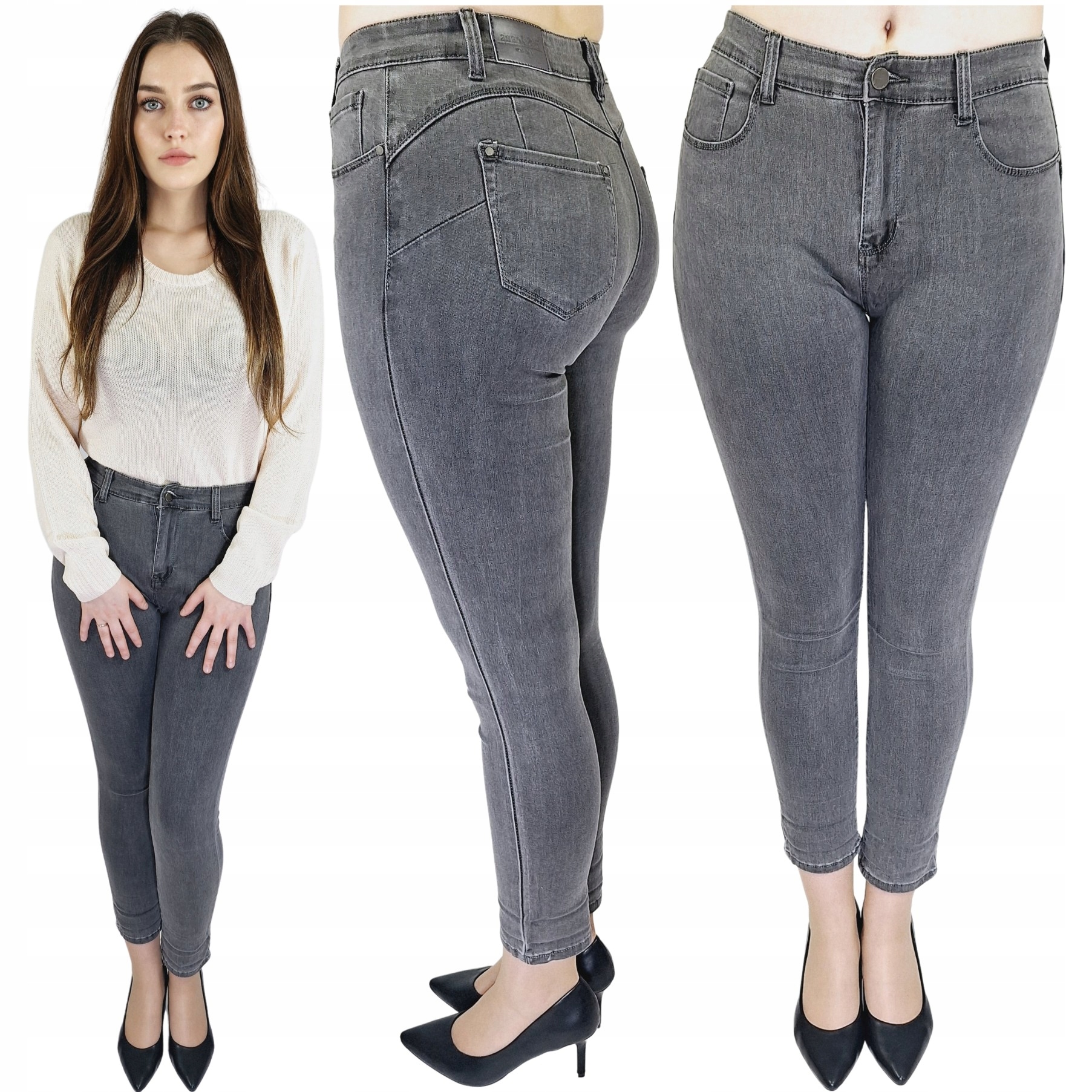 JEANSY DAMSKIE DOPASOWANE SPODNIE GRAFITOWE PUSH UP SZARY JEANS 40 (L) Marka inna