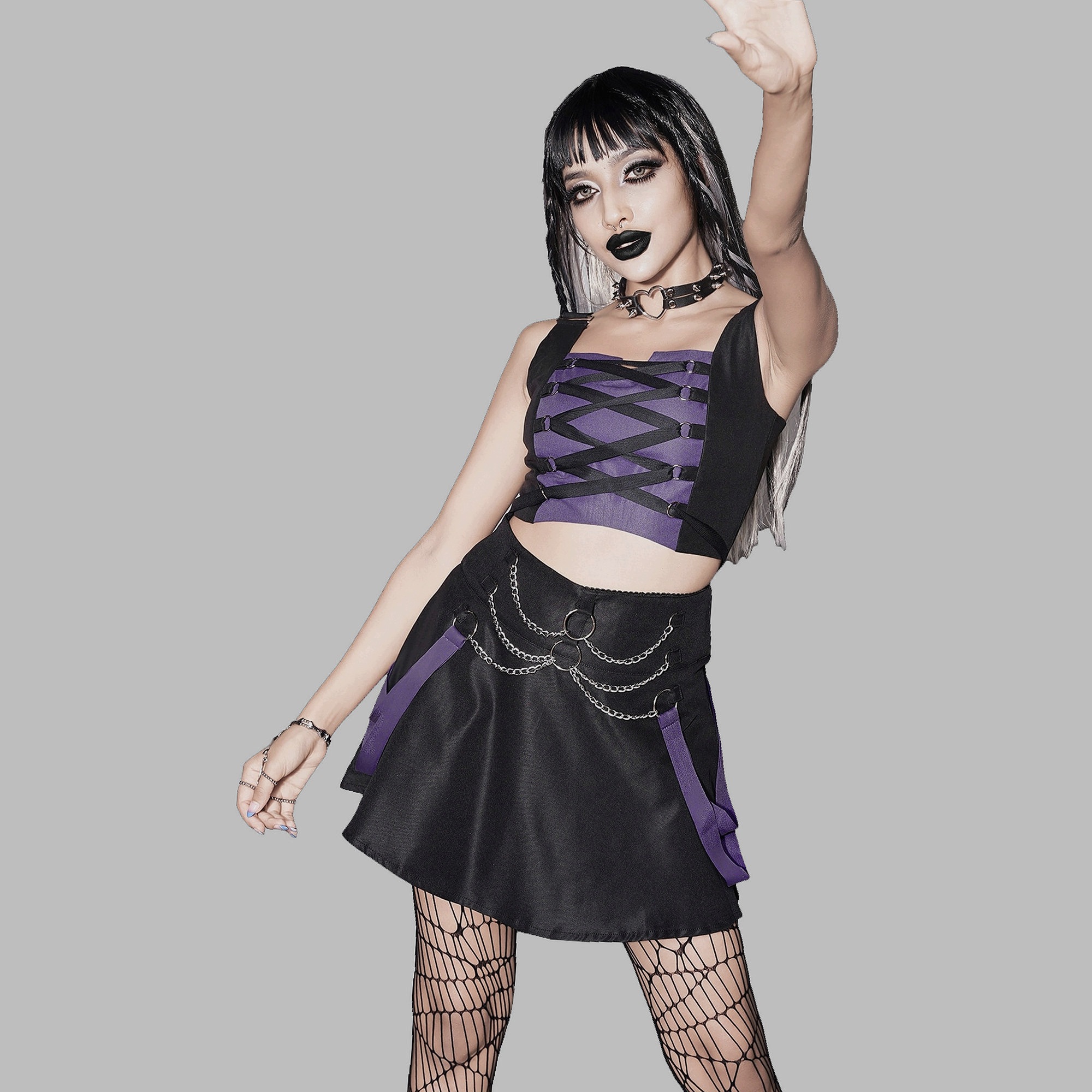 Komplet Goth Top Šněrovací Prošívaná sukně Černá Shein S 36